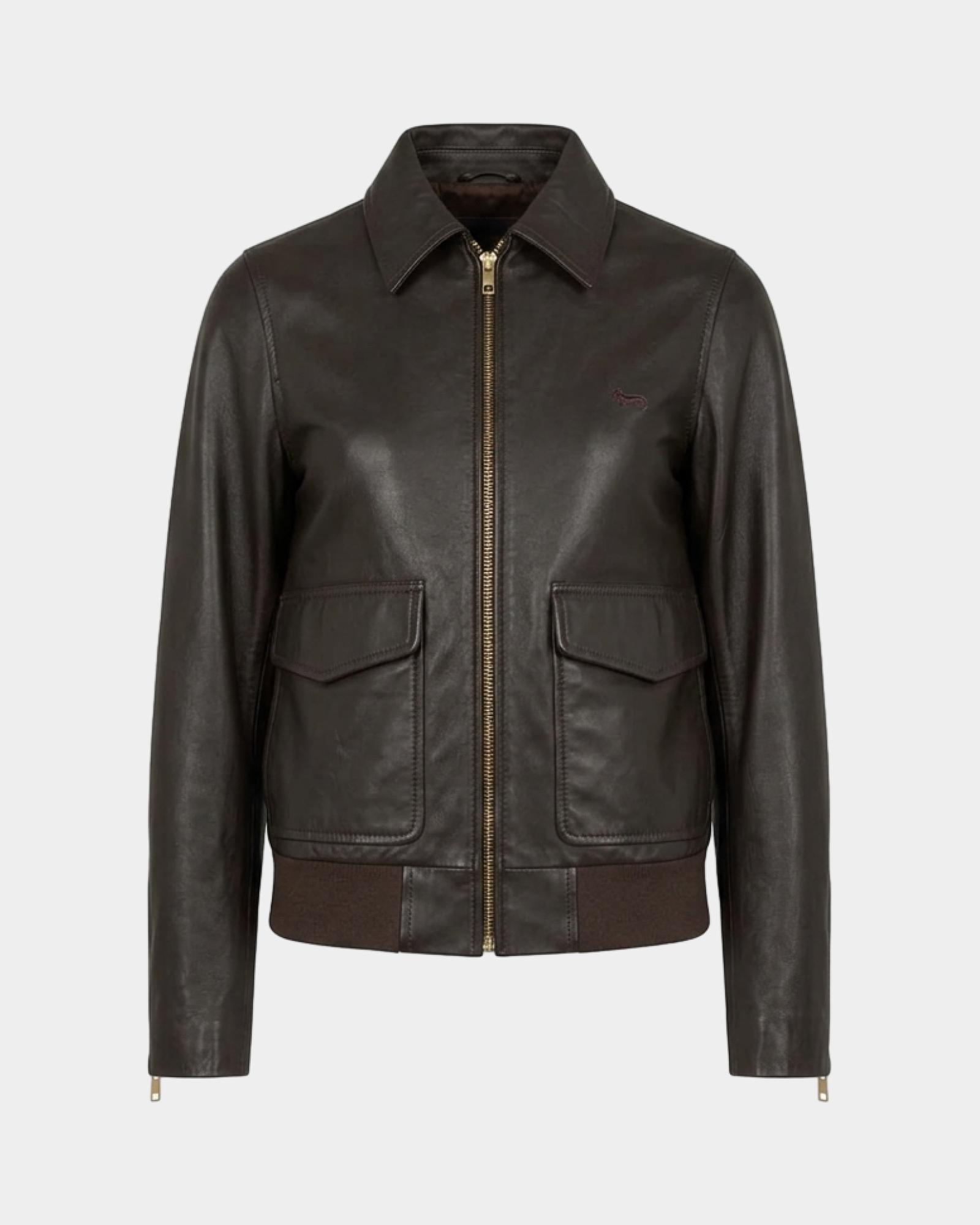 Women&rsquo;s Nappa Leather Jacket with Ribbed Hem, DARK BROWN, large