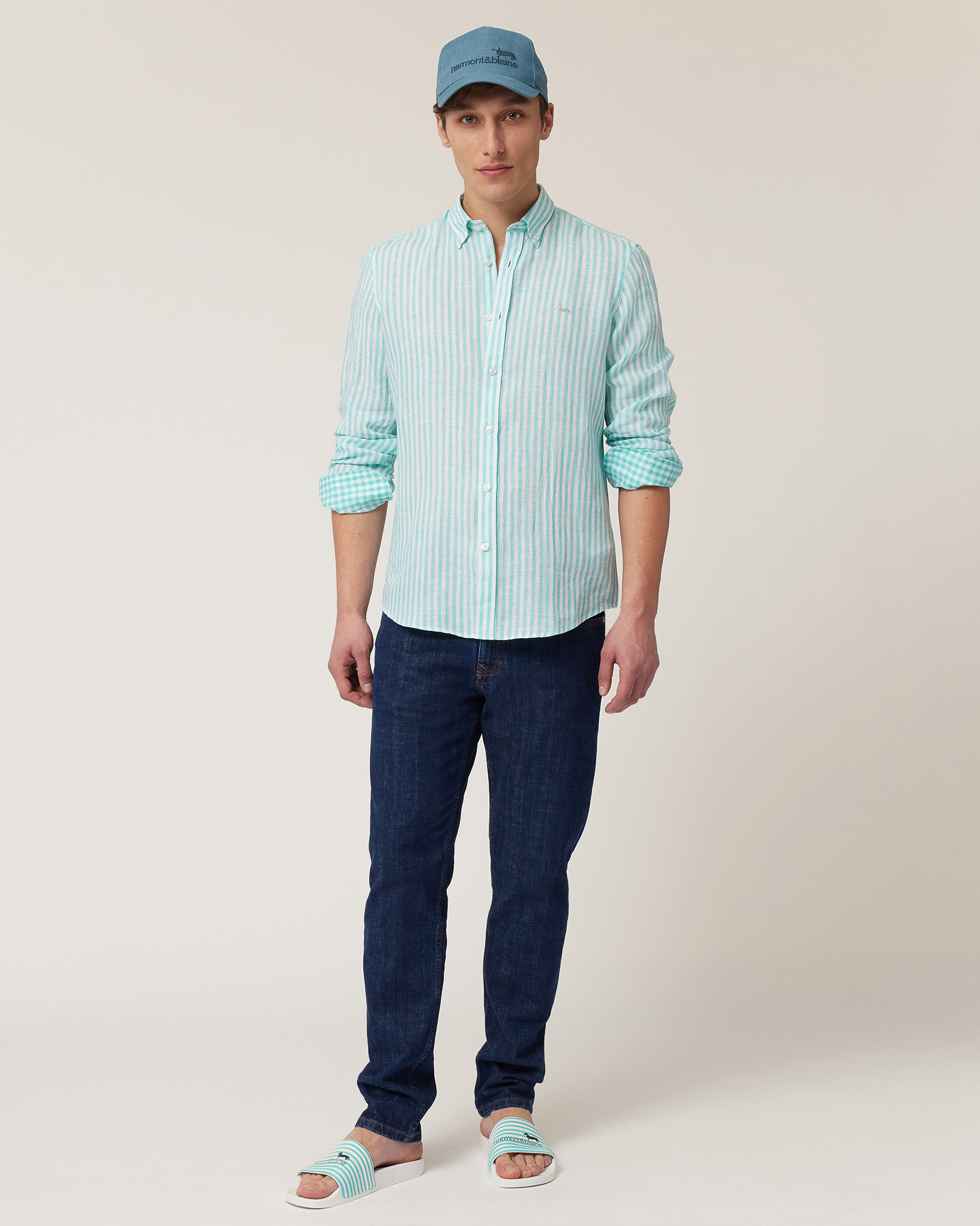 Linen Striped Shirt, Turquoise, large image number 3