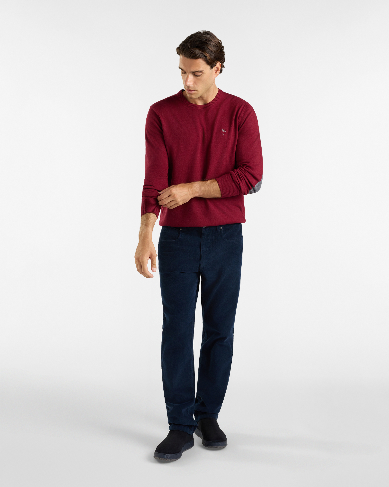Maglia HBJ Uomo in punto cardato con toppe, girocollo in misto lana e cashmere, ROSSO, large