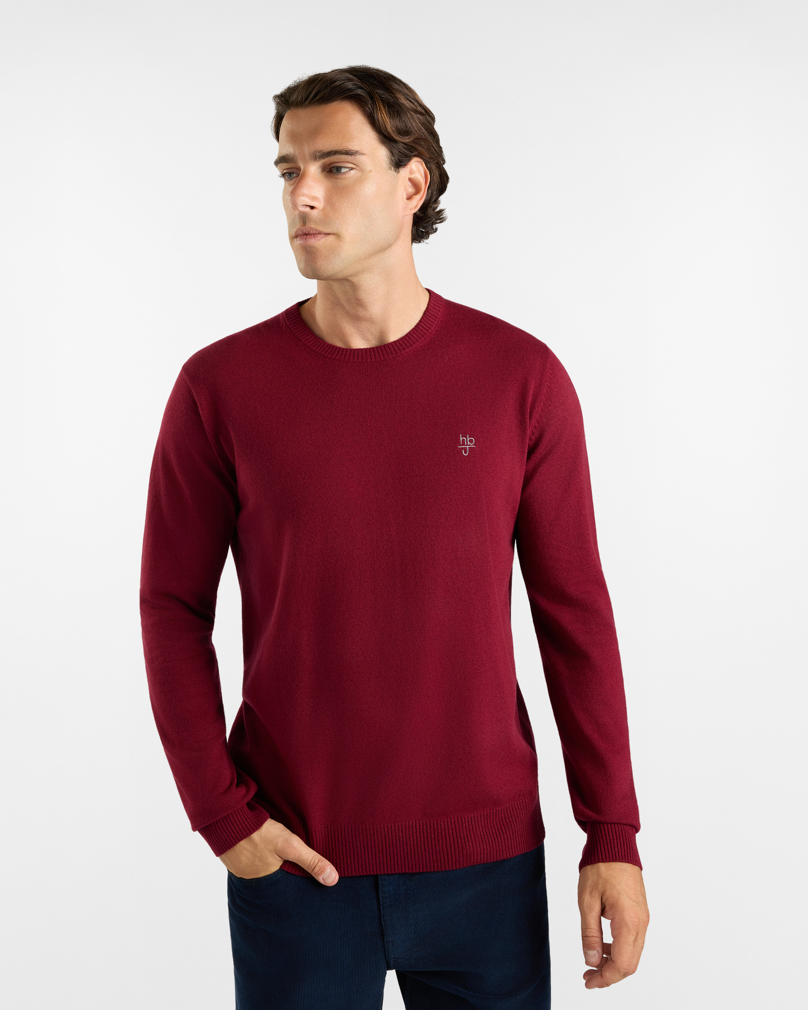 Maglia HBJ Uomo in punto cardato con toppe, girocollo in misto lana e cashmere, ROSSO, large