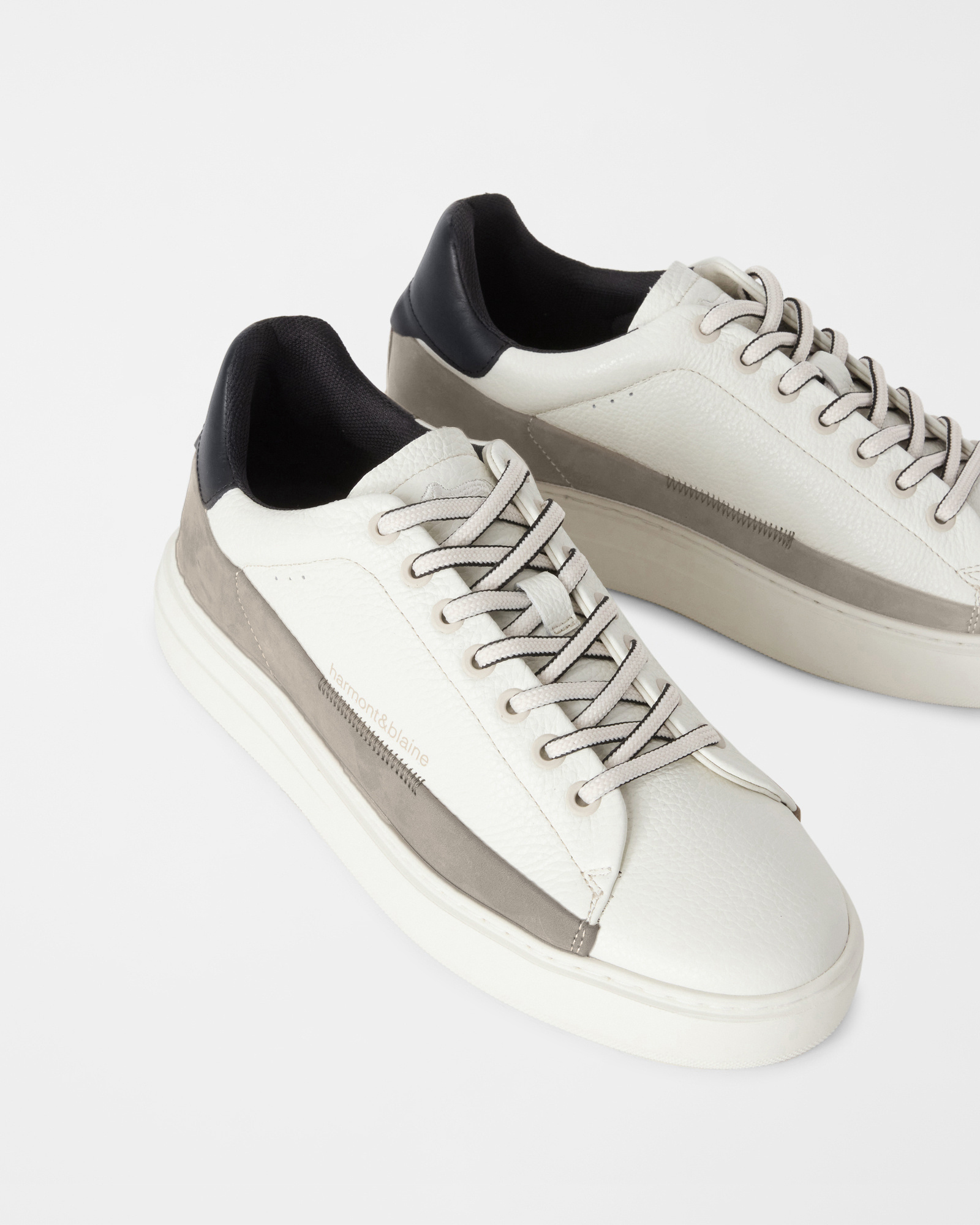 Men's grained leather sneakers with nubuck band, OFF WHITE - BEIGE, large image number 3