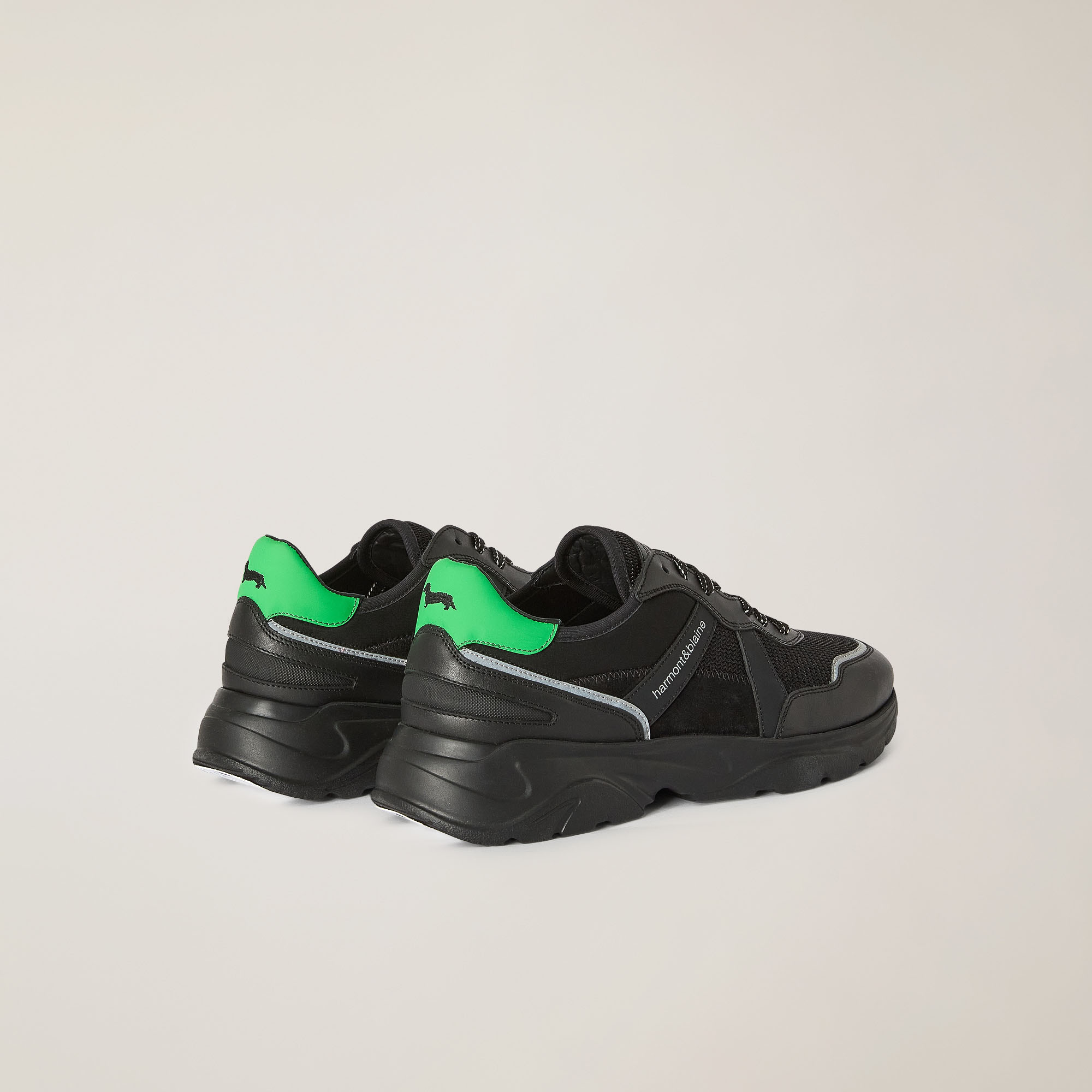 Sneaker Da Running In Pelle E Tessuto, Nero/Verde, large image number 2