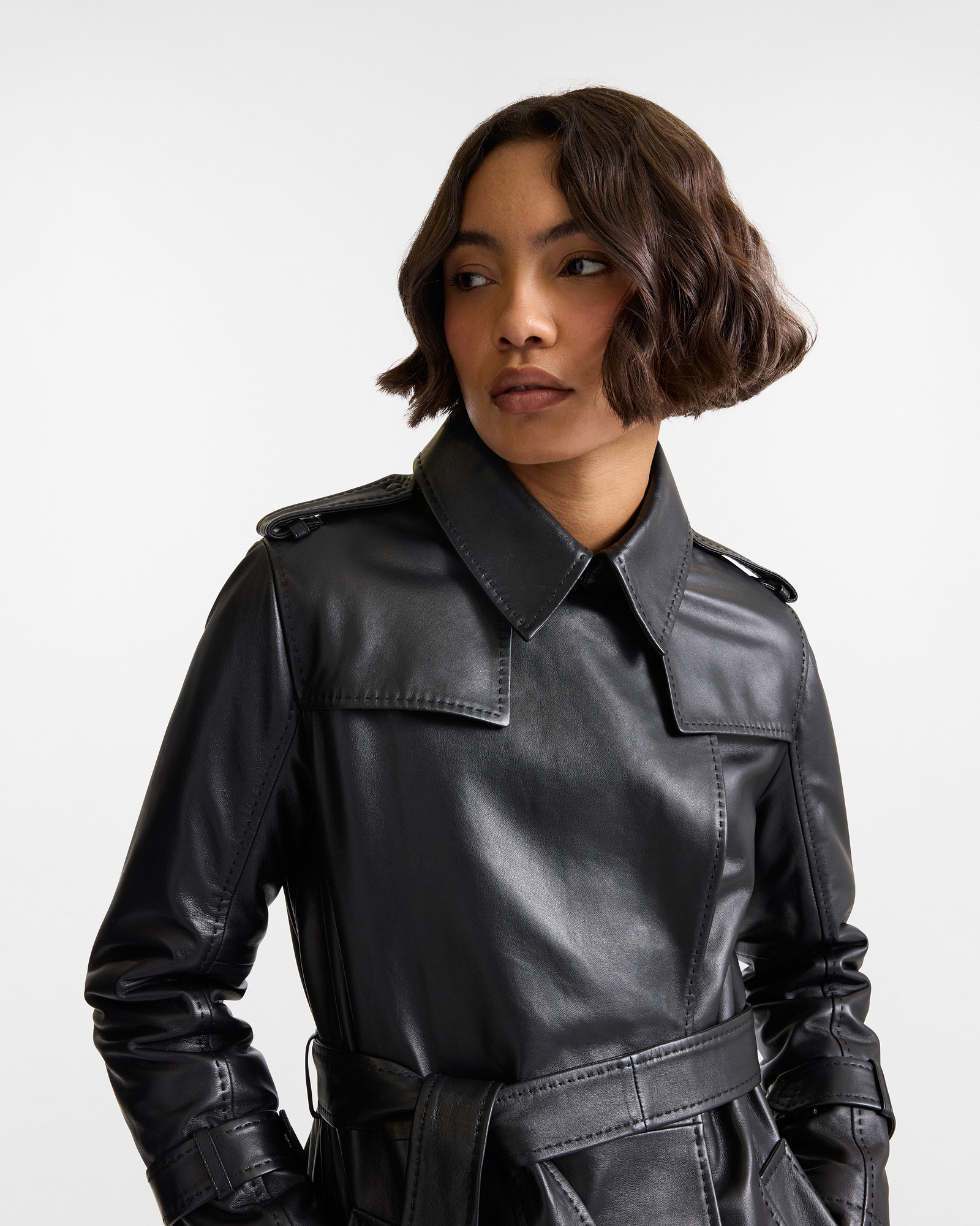 Chaqueta de Cuero con Cinturón y Costuras Selleria, Negro, large image number 2