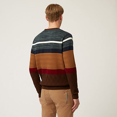 Wool And Cotton Crew-Neck Pullover With Horizontal Bands