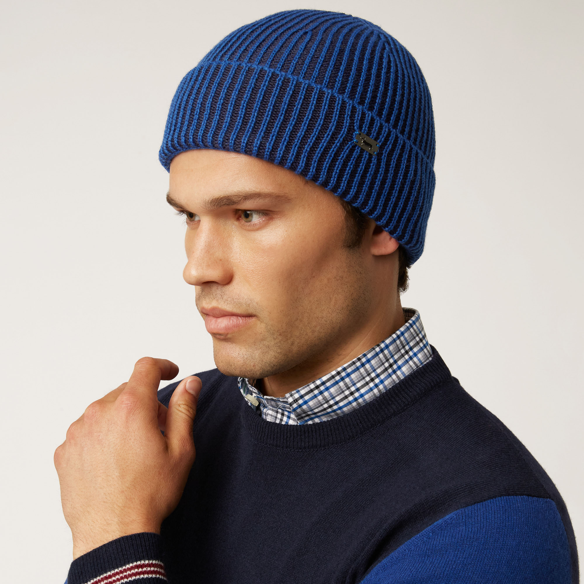 Berretto Corto In Misto Lana A Costine, Blu Navy, large image number 2