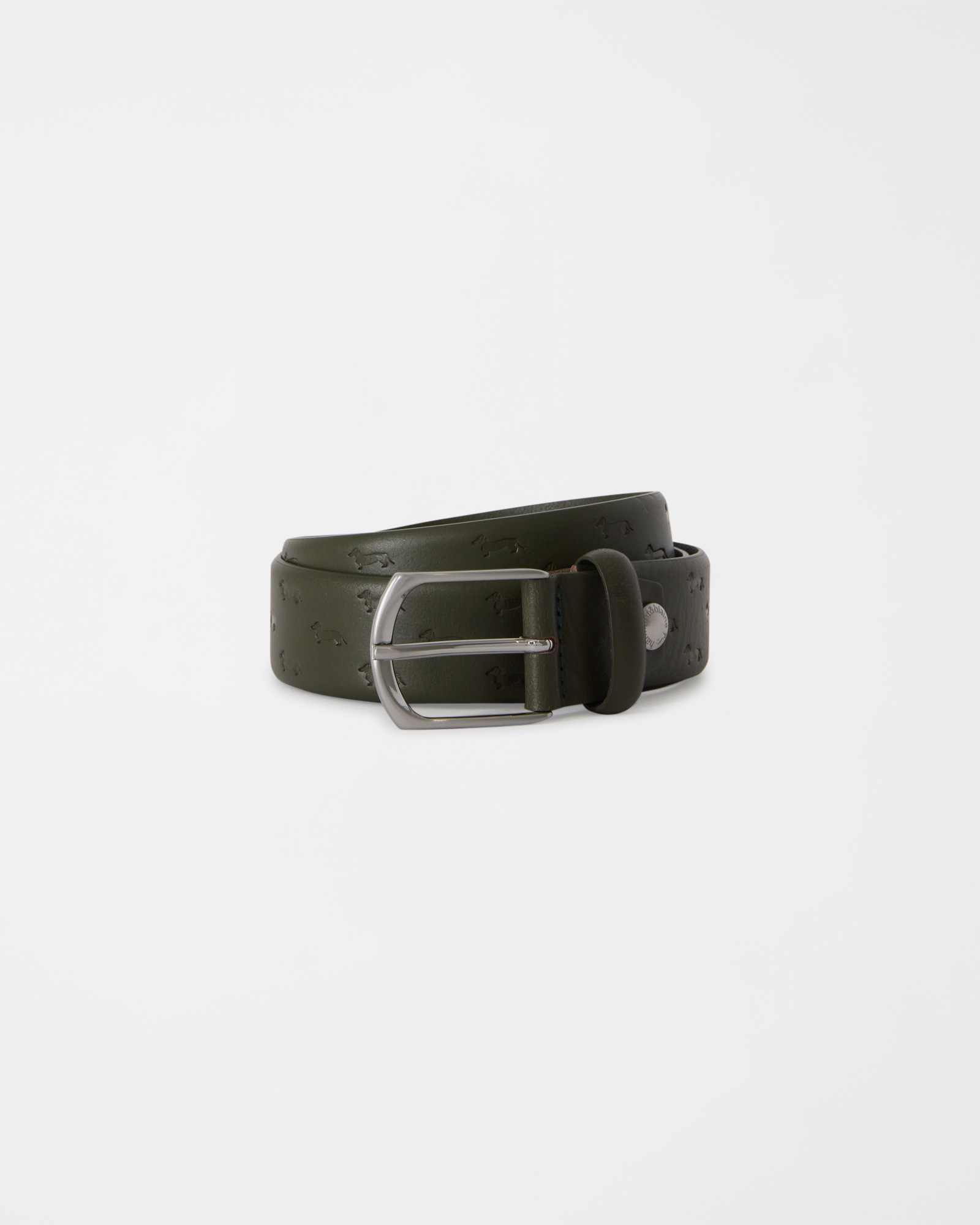 Men's green genuine leather belt with embossed dachshunds