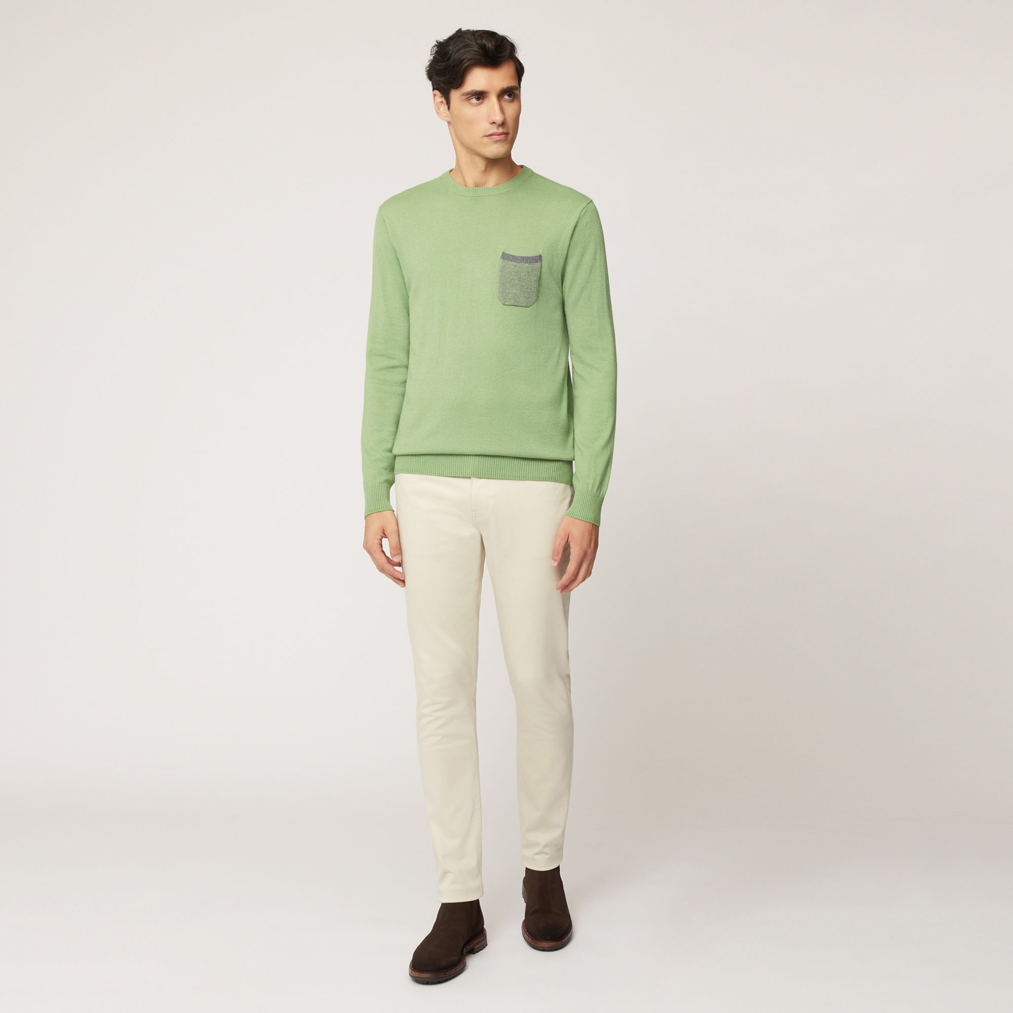 Pullover Girocollo In Misto Lana Con Taschino, Verde, large image number 3