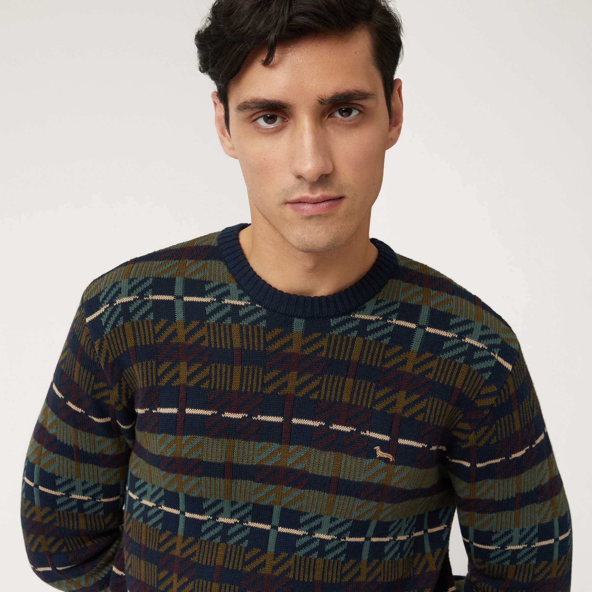 Pullover Girocollo In Lana E Cotone Con Fantasia All-Over, Blu Navy, large image number 2