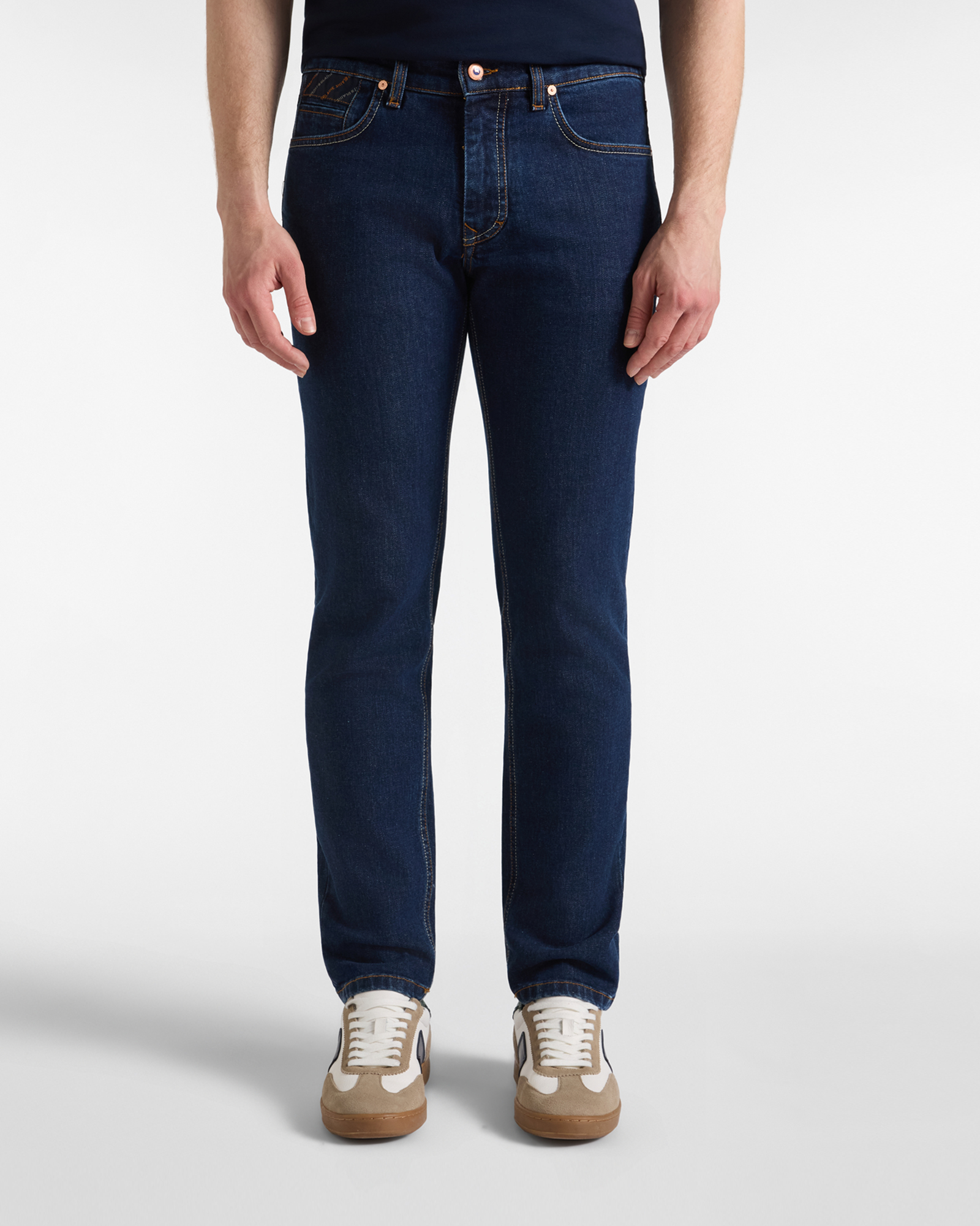 Men&rsquo;s narrow-fit dark blue 5-pocket jeans with personalized inserts Made in Italy