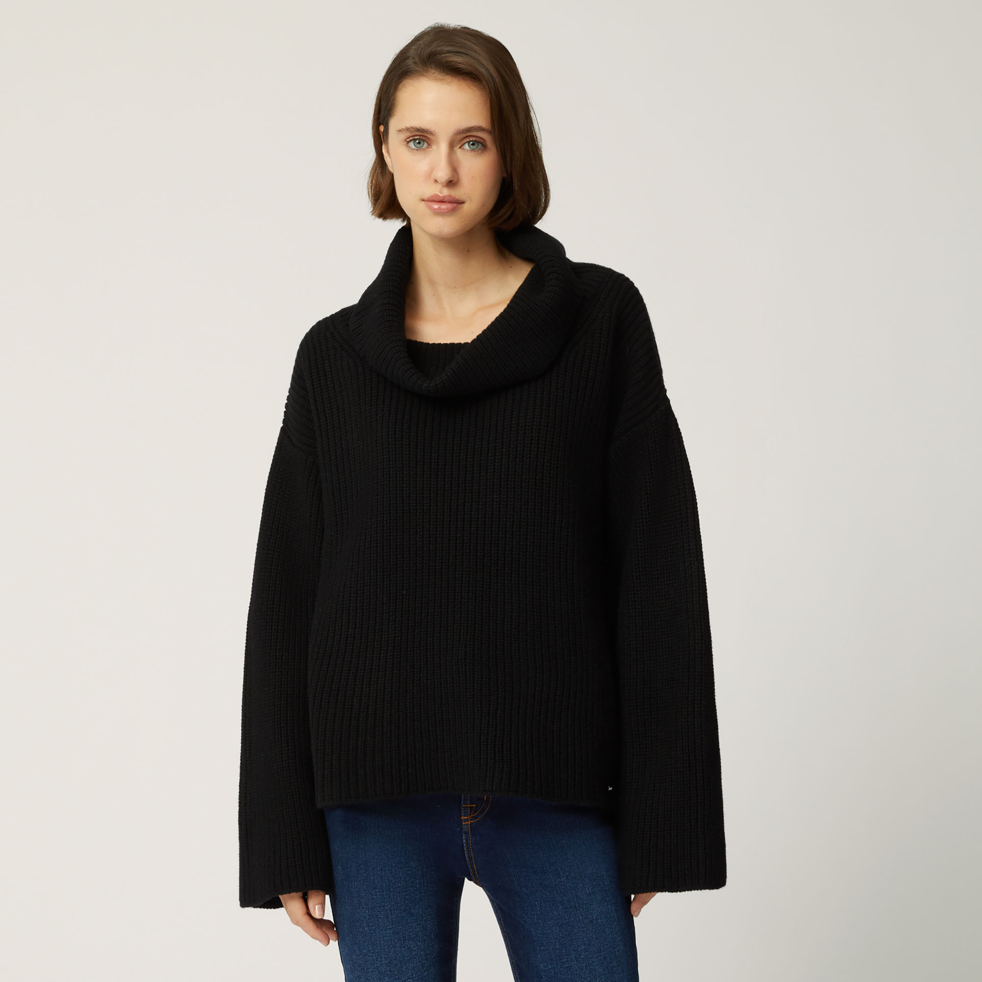 Cashmere Pullover With Cowl Neck, Black, large image number 0