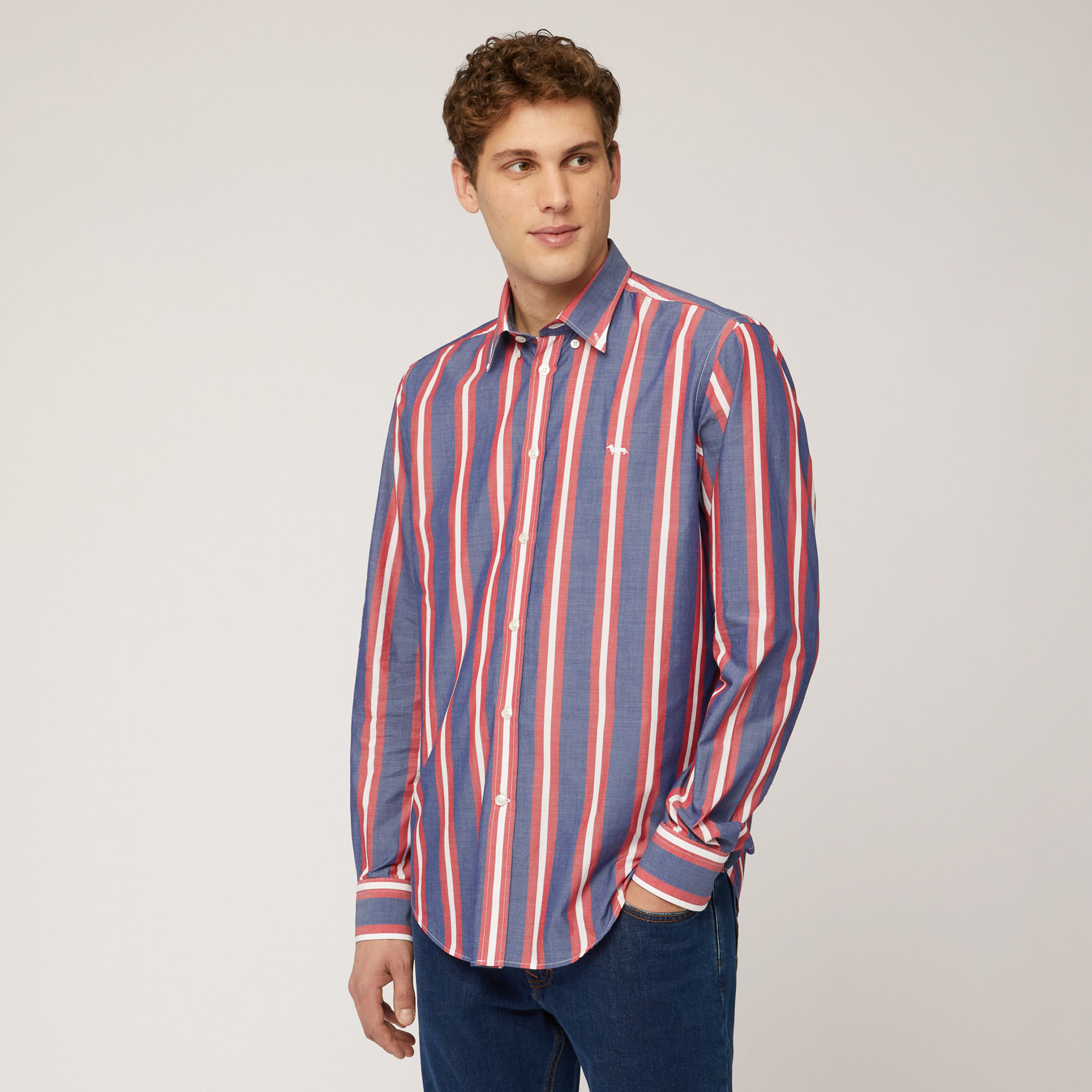 Camisa de algodón a rayas alternas, Azul, large image number 0