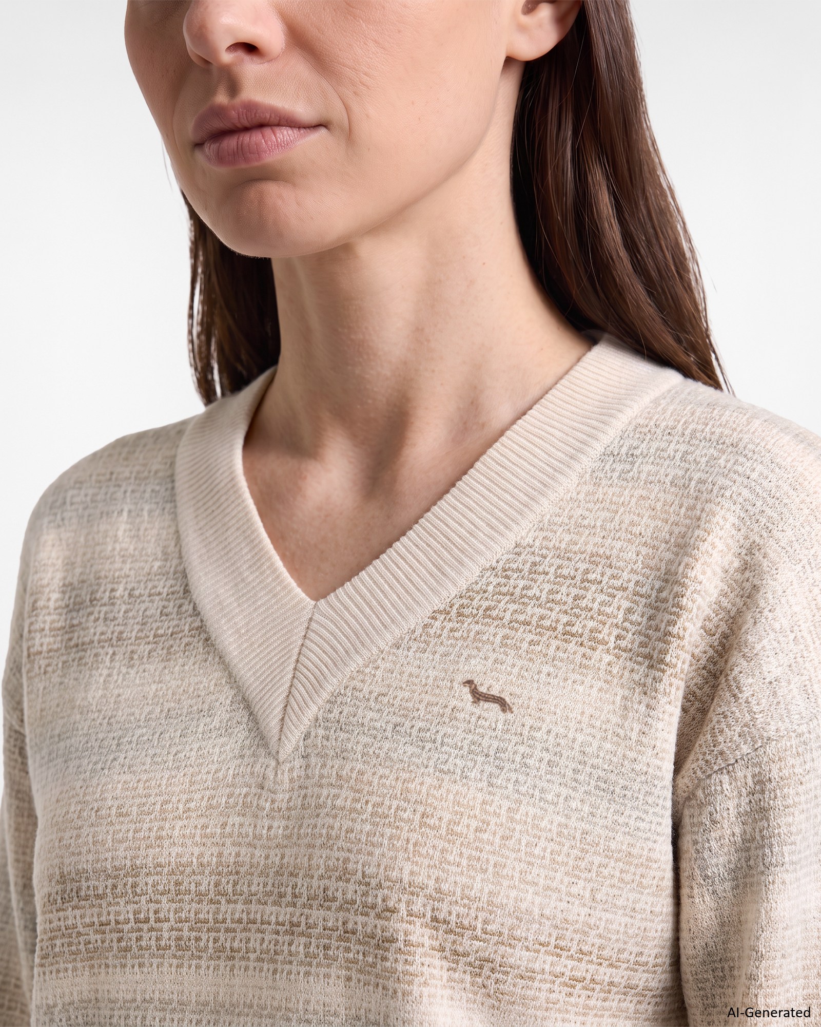 Women's Made in Italy deep V-neck pullover 100% pure wool, TAUPE, large