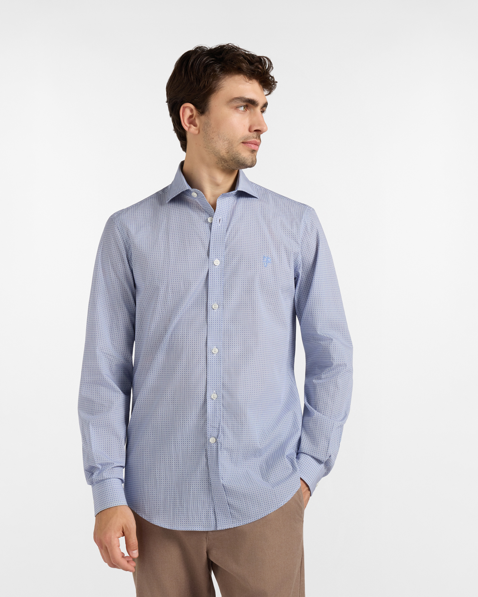 Camicia HBJ Uomo Narrow Fit con collo French in puro cotone microstampa celeste