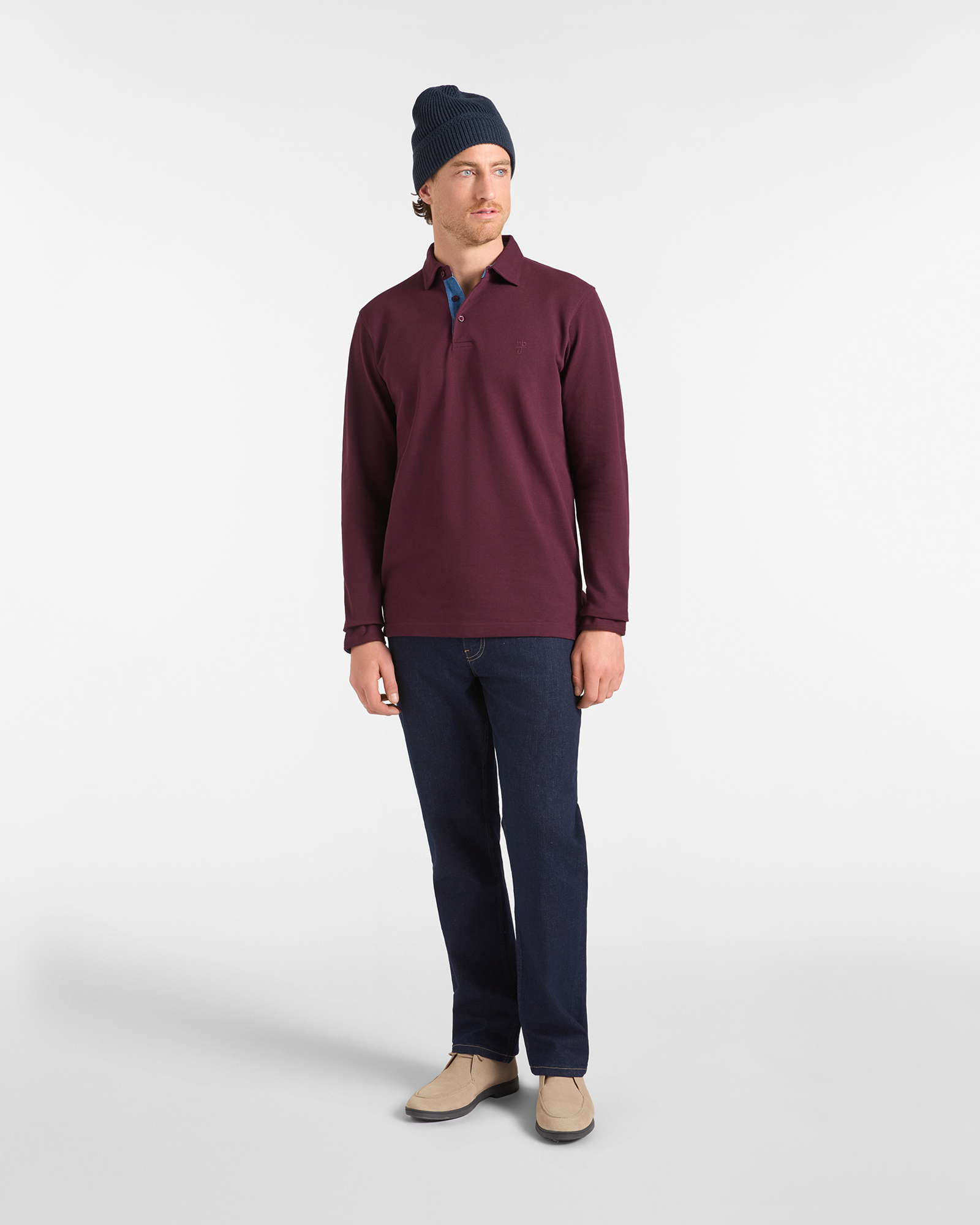 Polo HBJ Uomo in Piquet di Puro Cotone con Dettagli Denim, PRUGNA, large