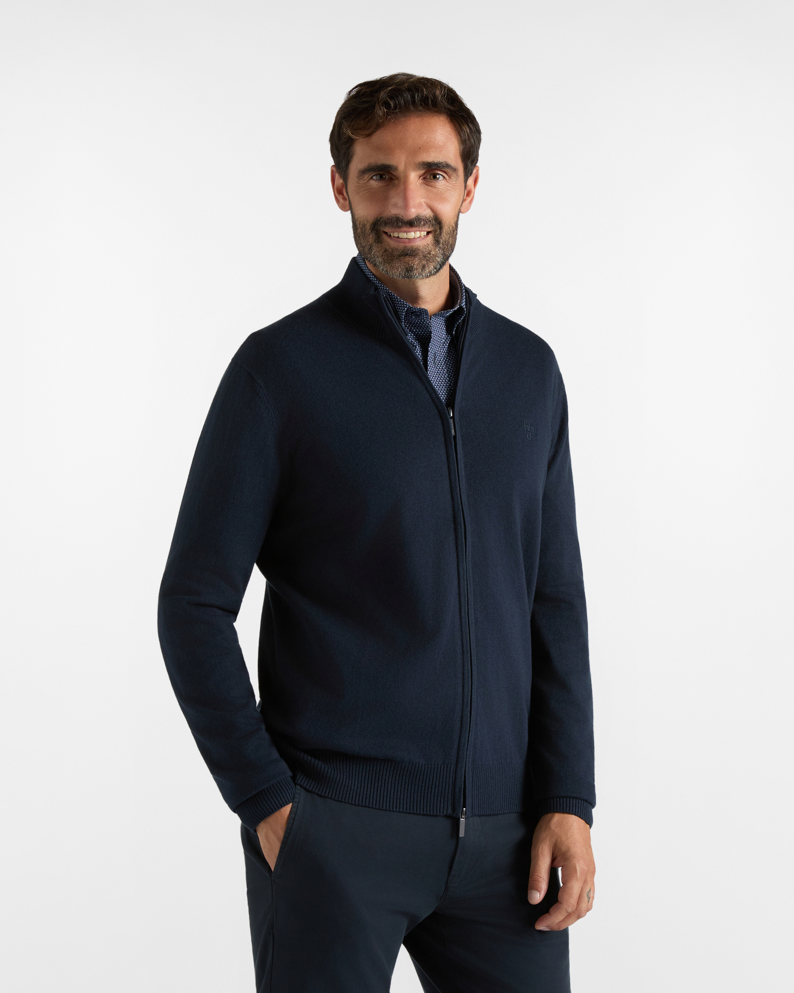 Maglia HBJ Uomo Full Zip in Misto Lana e Cashmere Blu Scuro