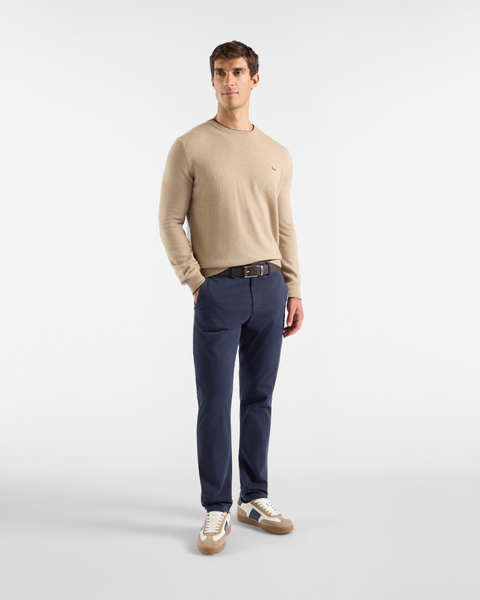 Men's crewneck sweater with contrasting stripe in a gray wool and cashmere blend with regular fit, BEIGE, large image number 3