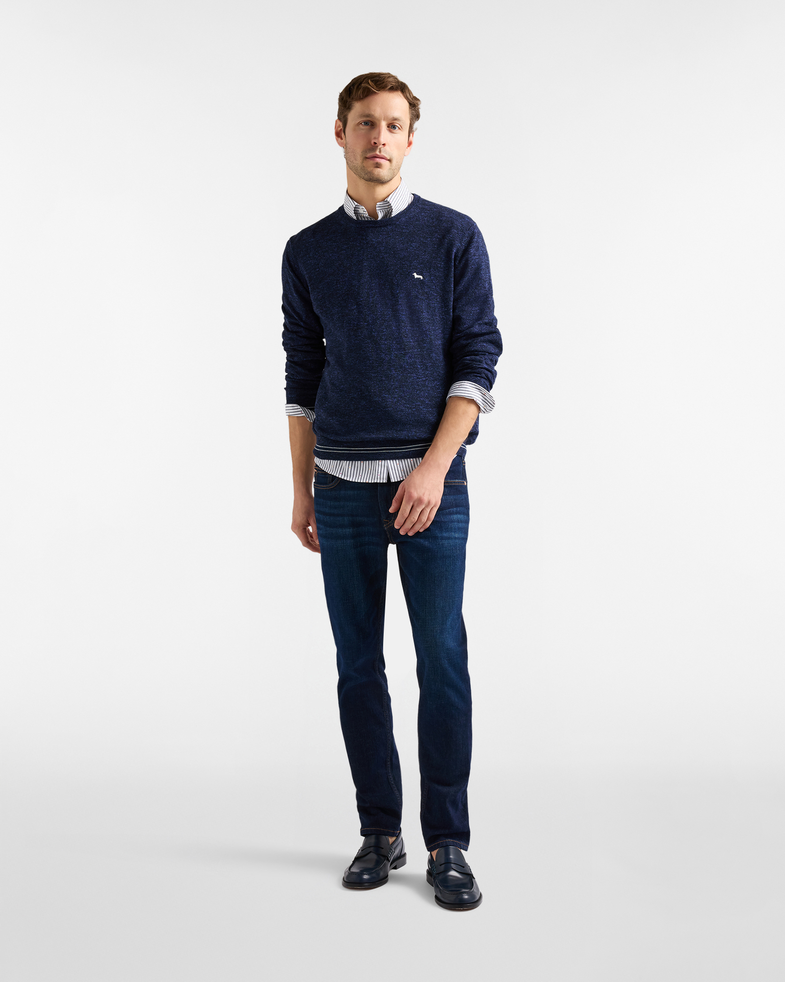 Jersey de hombre de cuello redondo en mezcla de algod&oacute;n y lino con efecto tweed, Azul, large image number 3