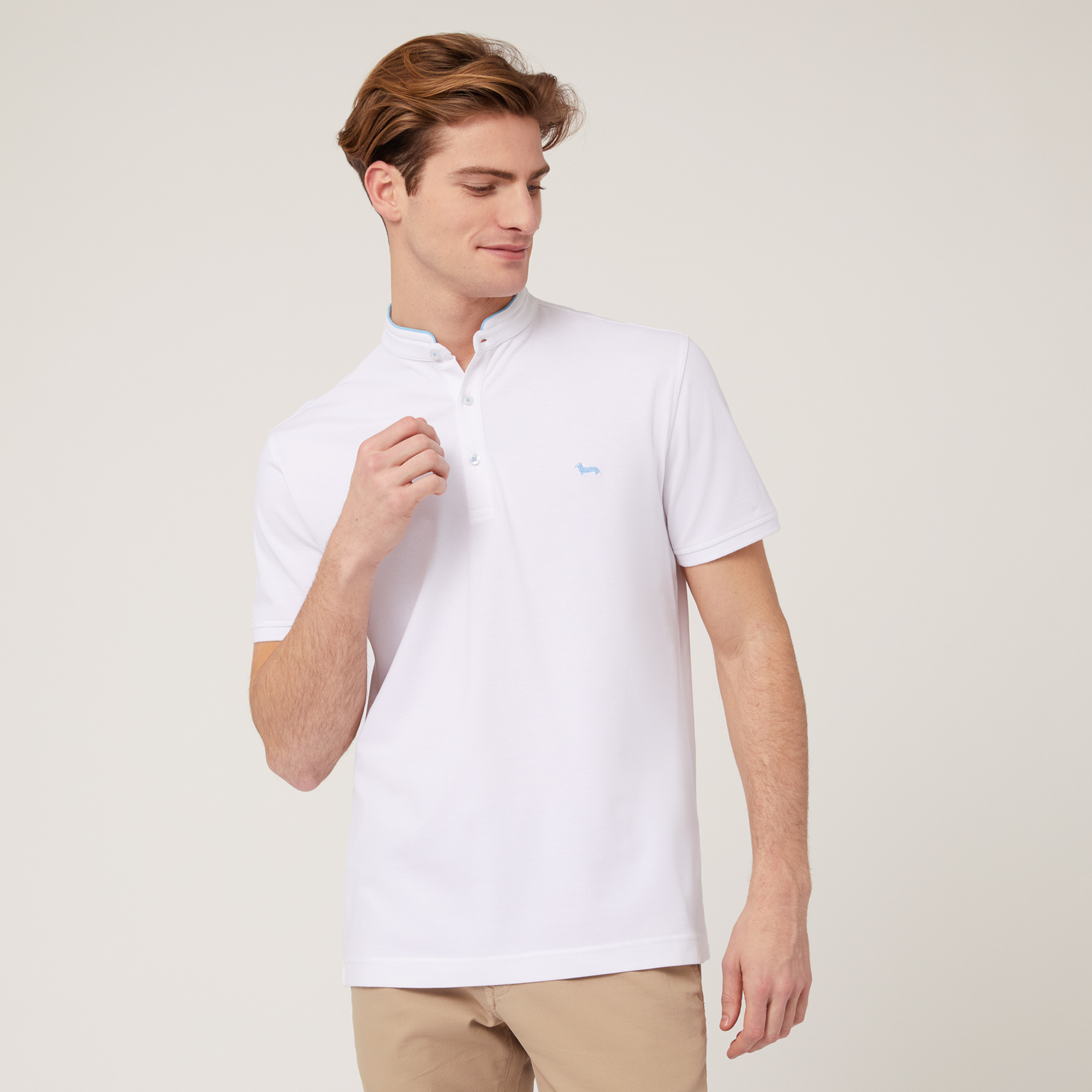 Polo with Mandarin Collar, White, large