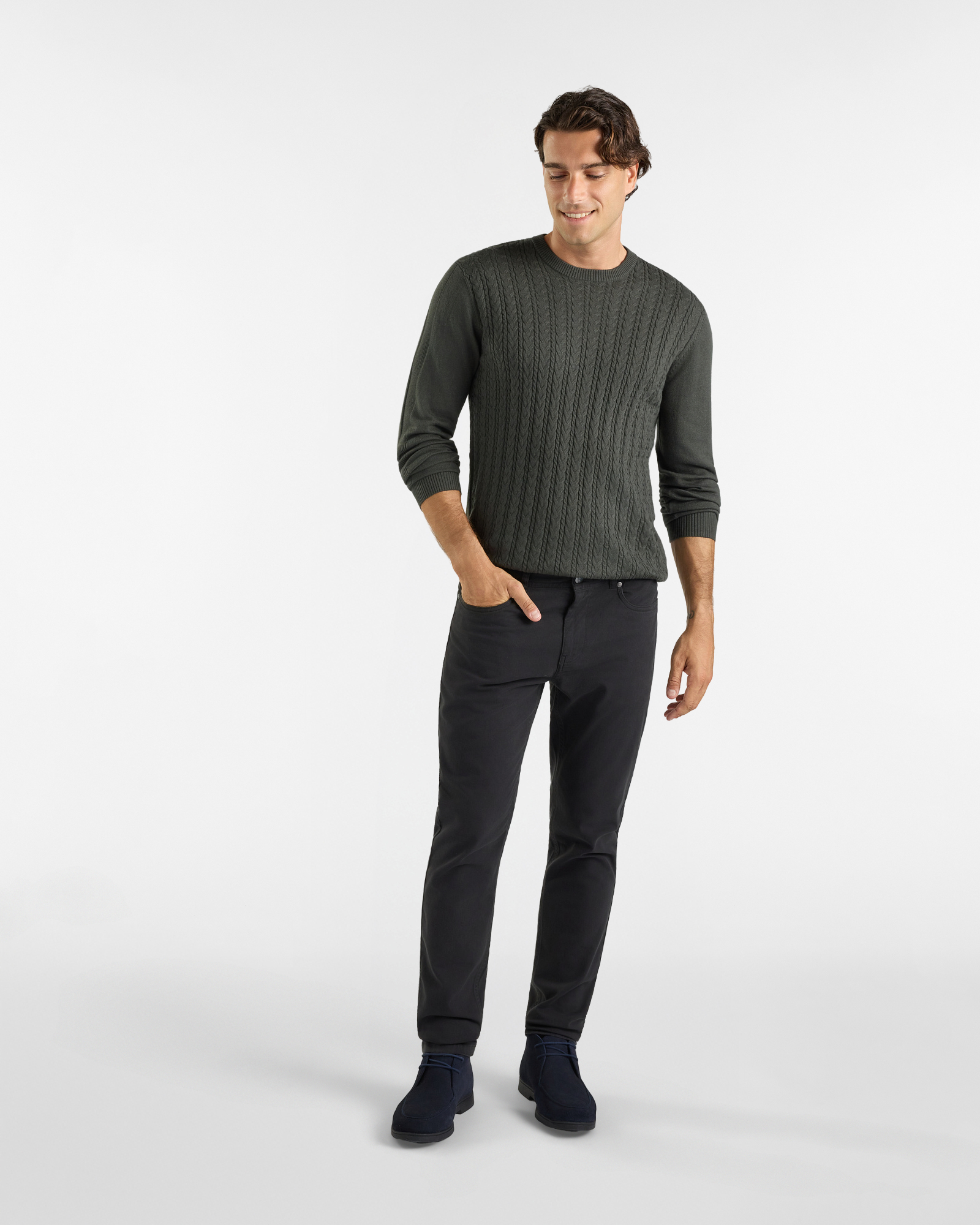 Maglia Girocollo HBJ Uomo con lavorazione a trecce in misto lana e cashmere, VERDE, large