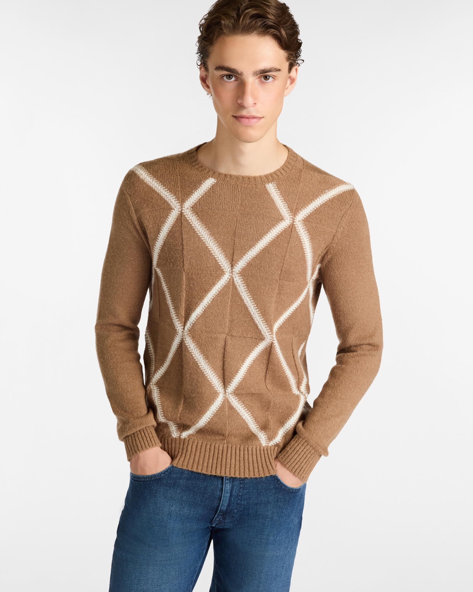 Crewneck Sweater with Argyle Pattern