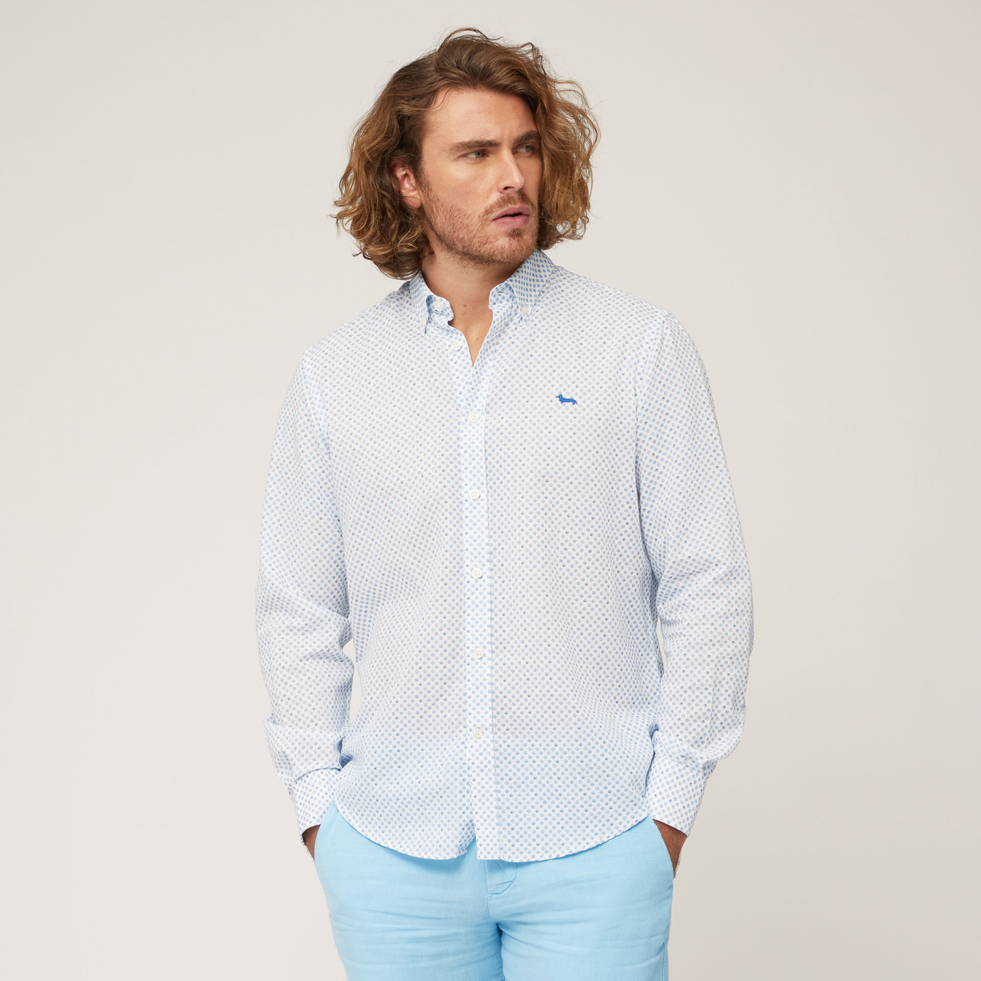 Camisa de algodón y lino con estampado, Blanco, large image number 0