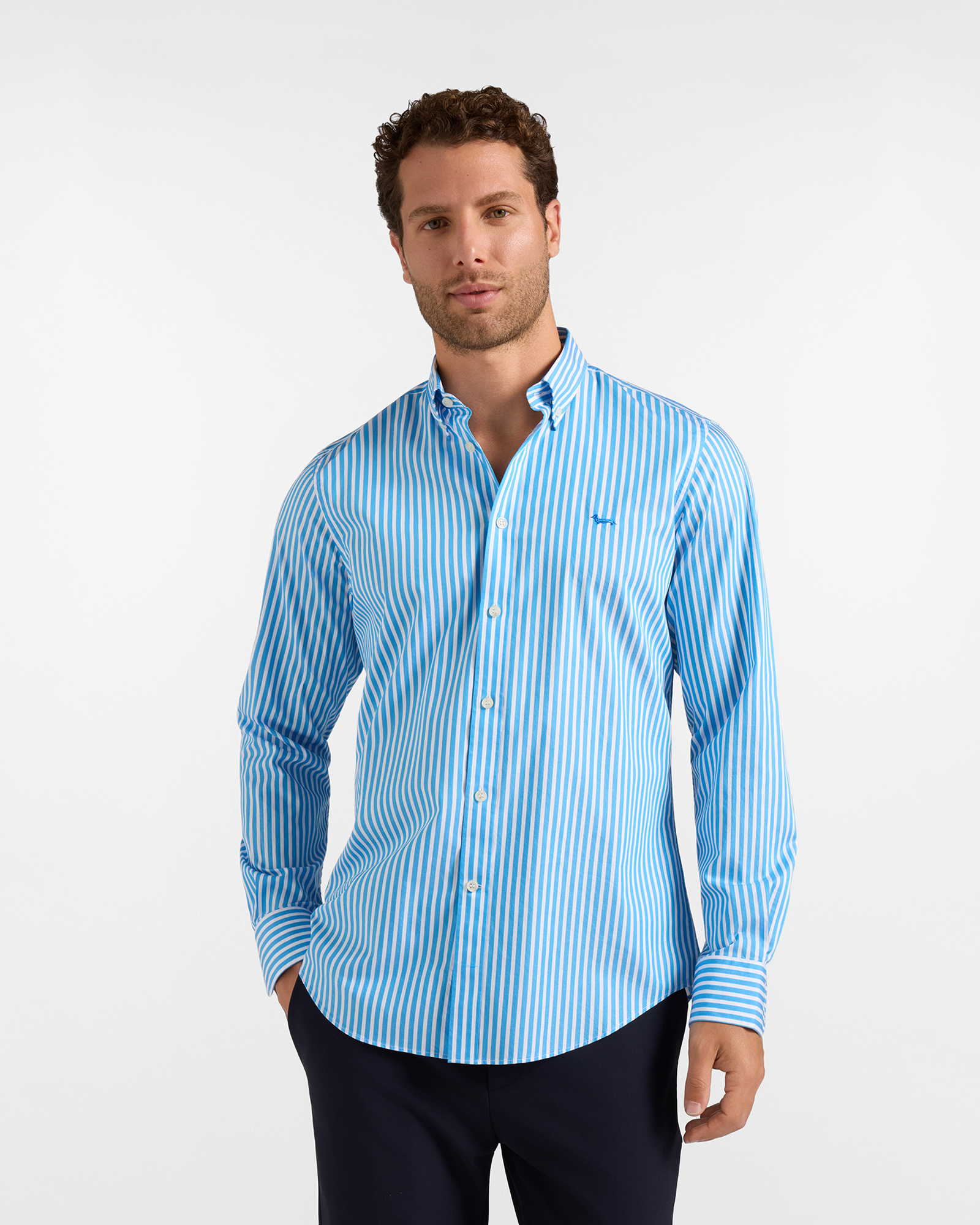 Men's regular-fit turquoise twill shirt with satin stripe