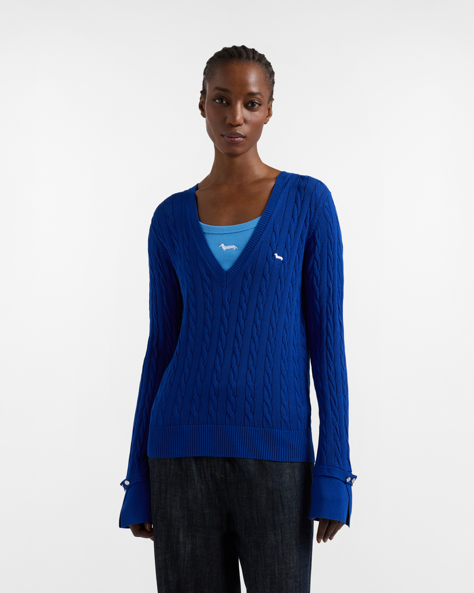 V-neck cable pullover, Blue, large