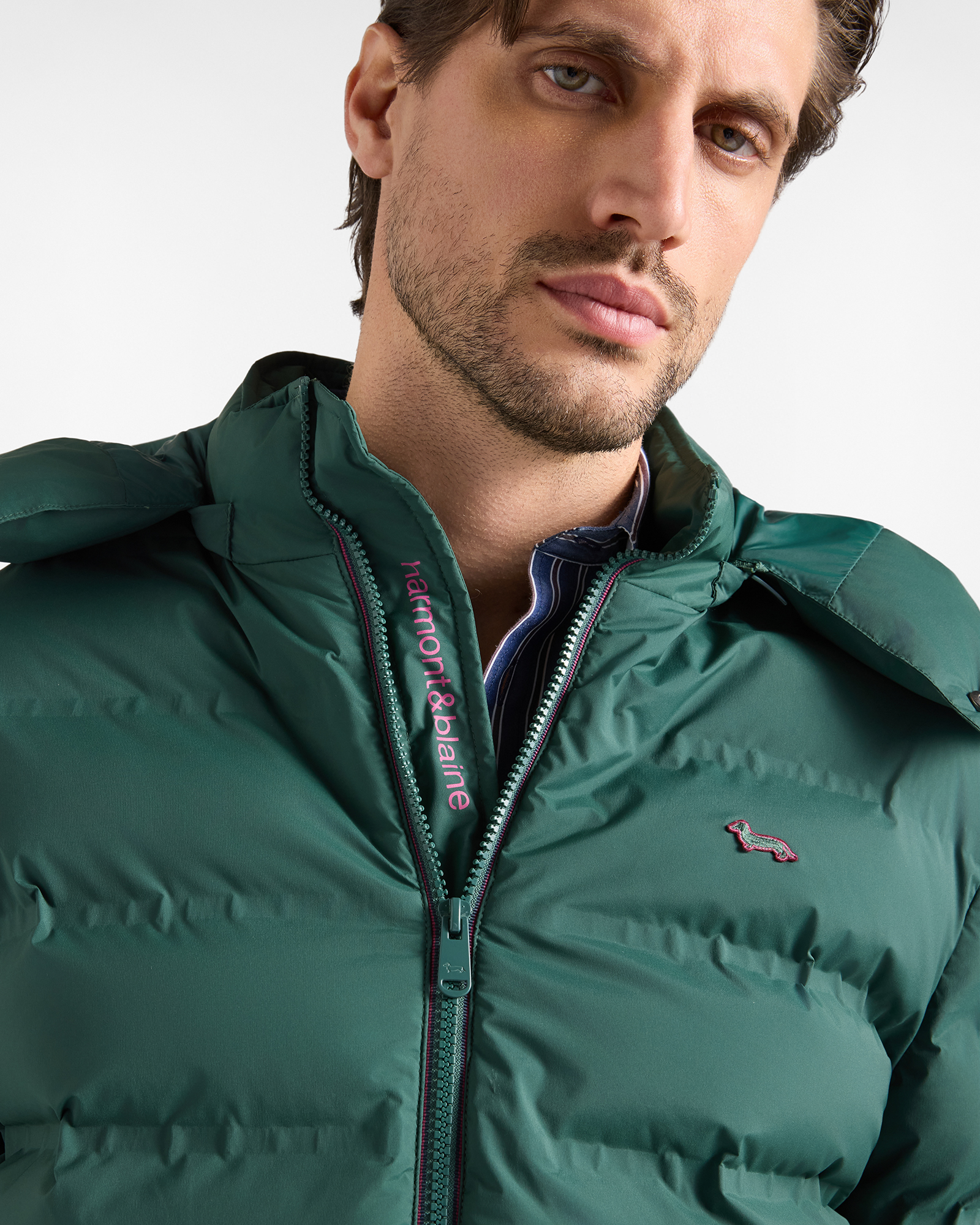 Men&rsquo;s Padded Bomber Jacket in Stretch Technical Nylon, BOTTLE GREEN, large