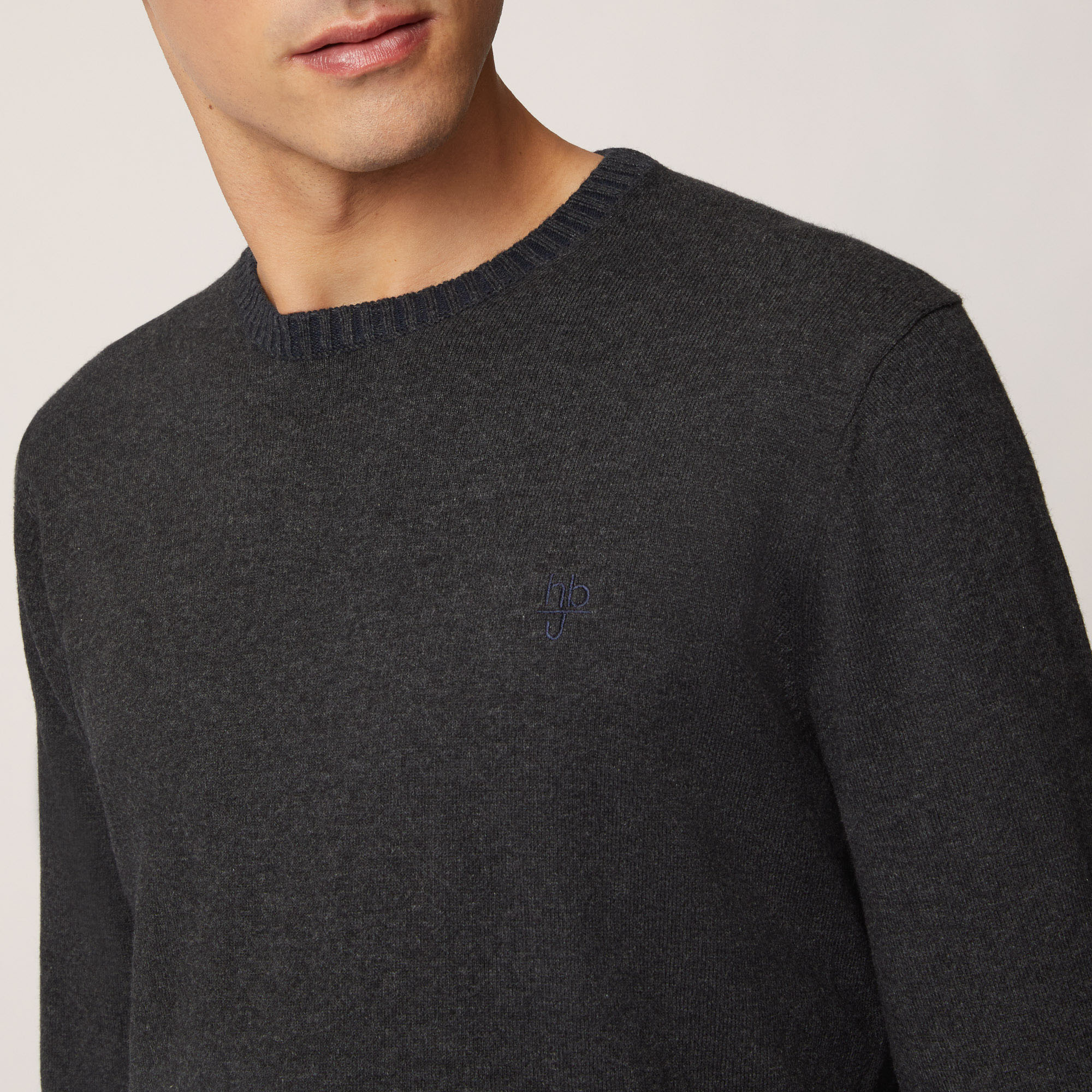 Pullover Girocollo In Cotone E Lana Con Dettagli A Costine, Grigio, large image number 2