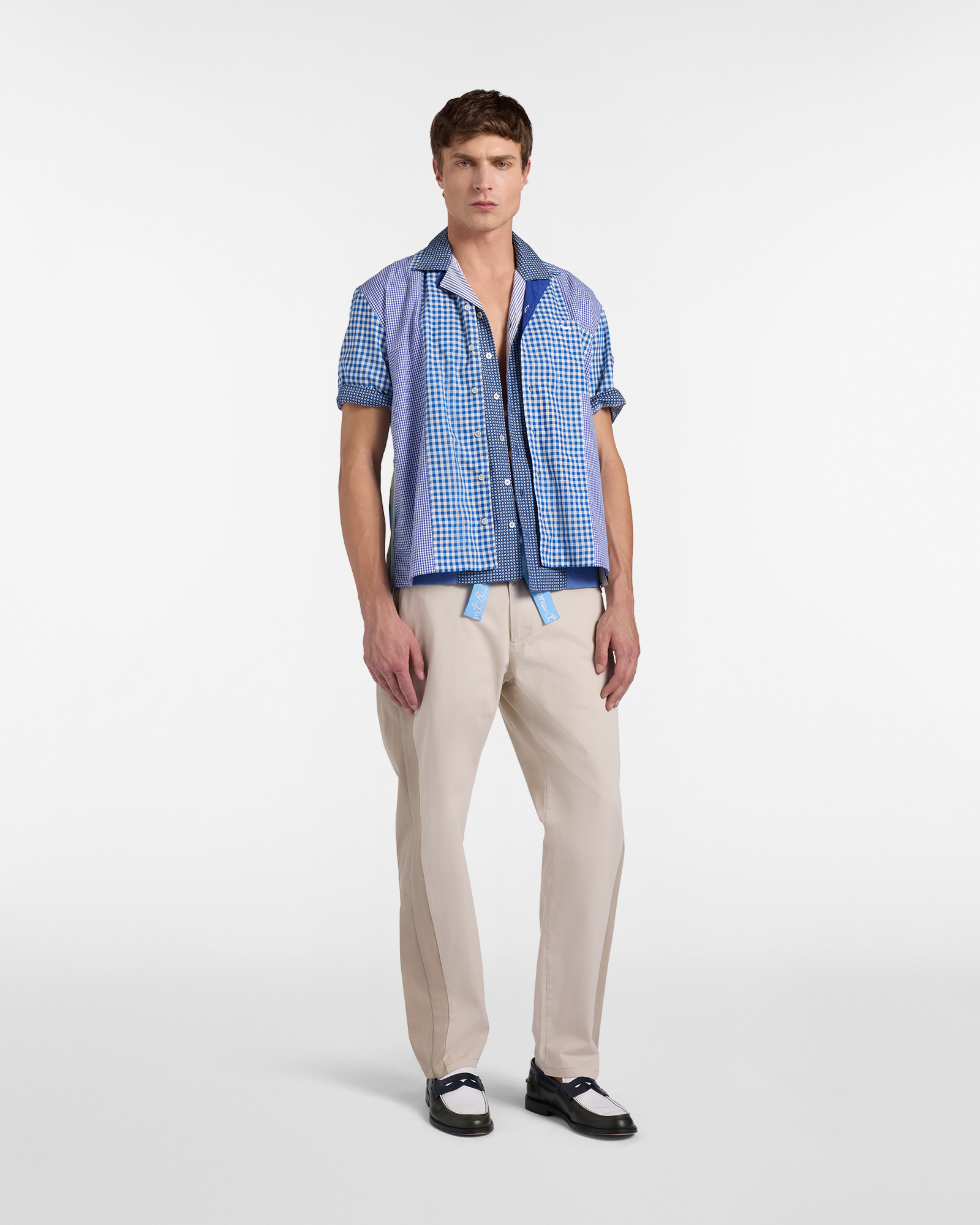 Men's Re-Loved bowling shirt in a mix of Italian check fabrics, Blue, large image number 3