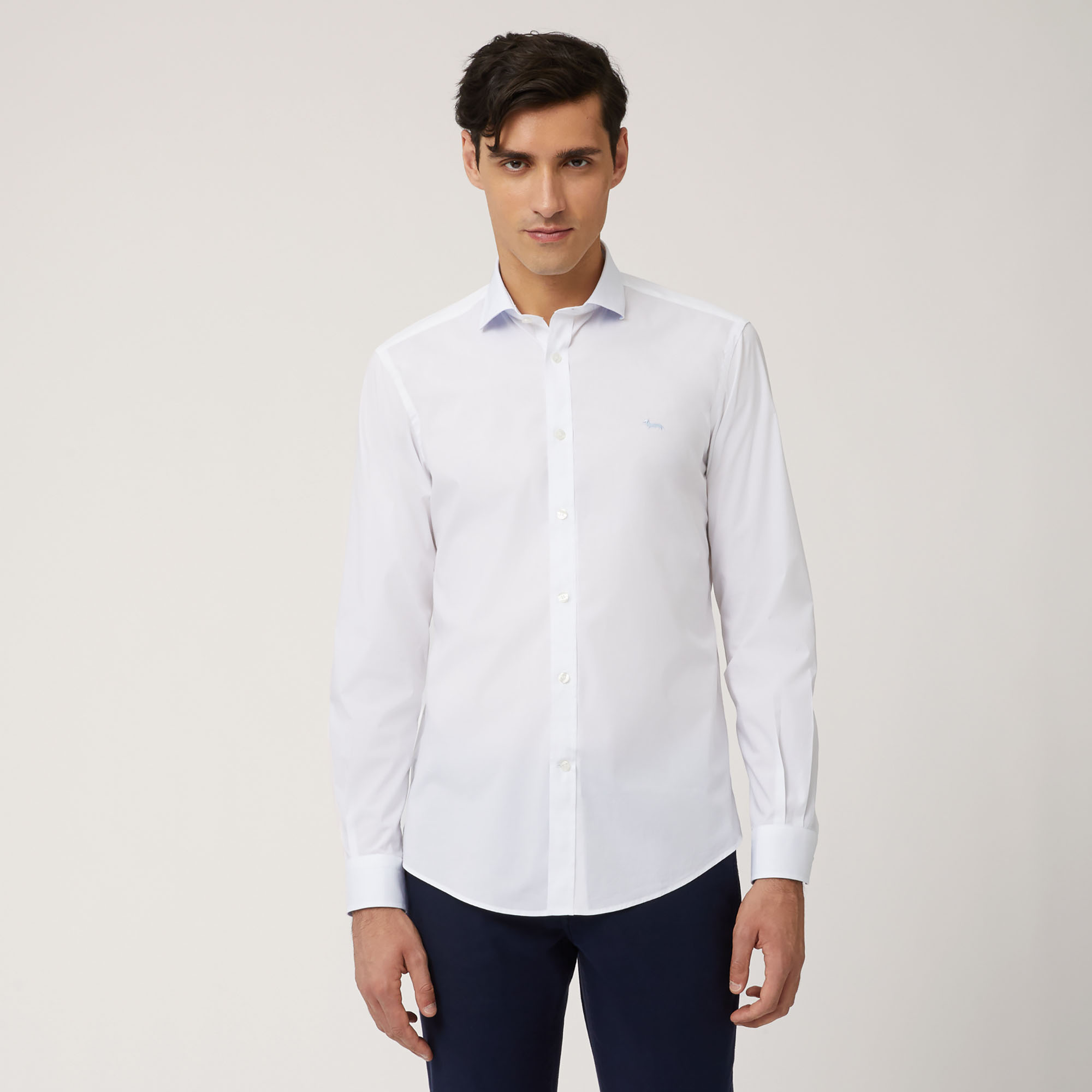 Camisa De Algodón Elástico Con Interiores A Contraste, Blanco, large