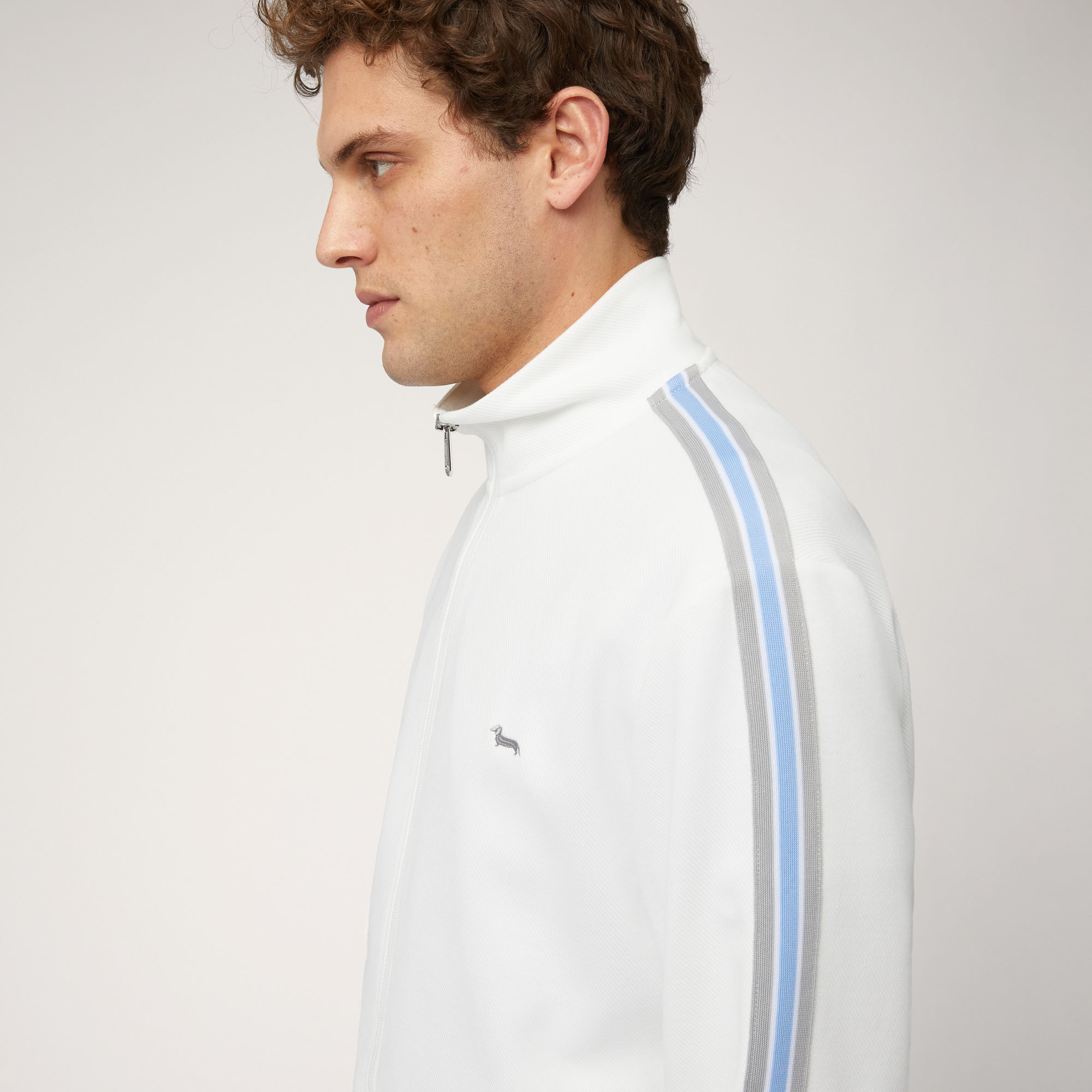 Sweatshirt aus Stretch-Baumwolle mit durchgehendem Reißverschluss und gestreiftem Band, Weiß, large image number 2