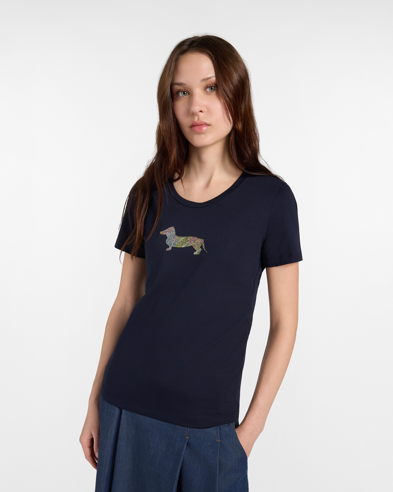 Women's blue stretch cotton T-shirt with maxi dachshund