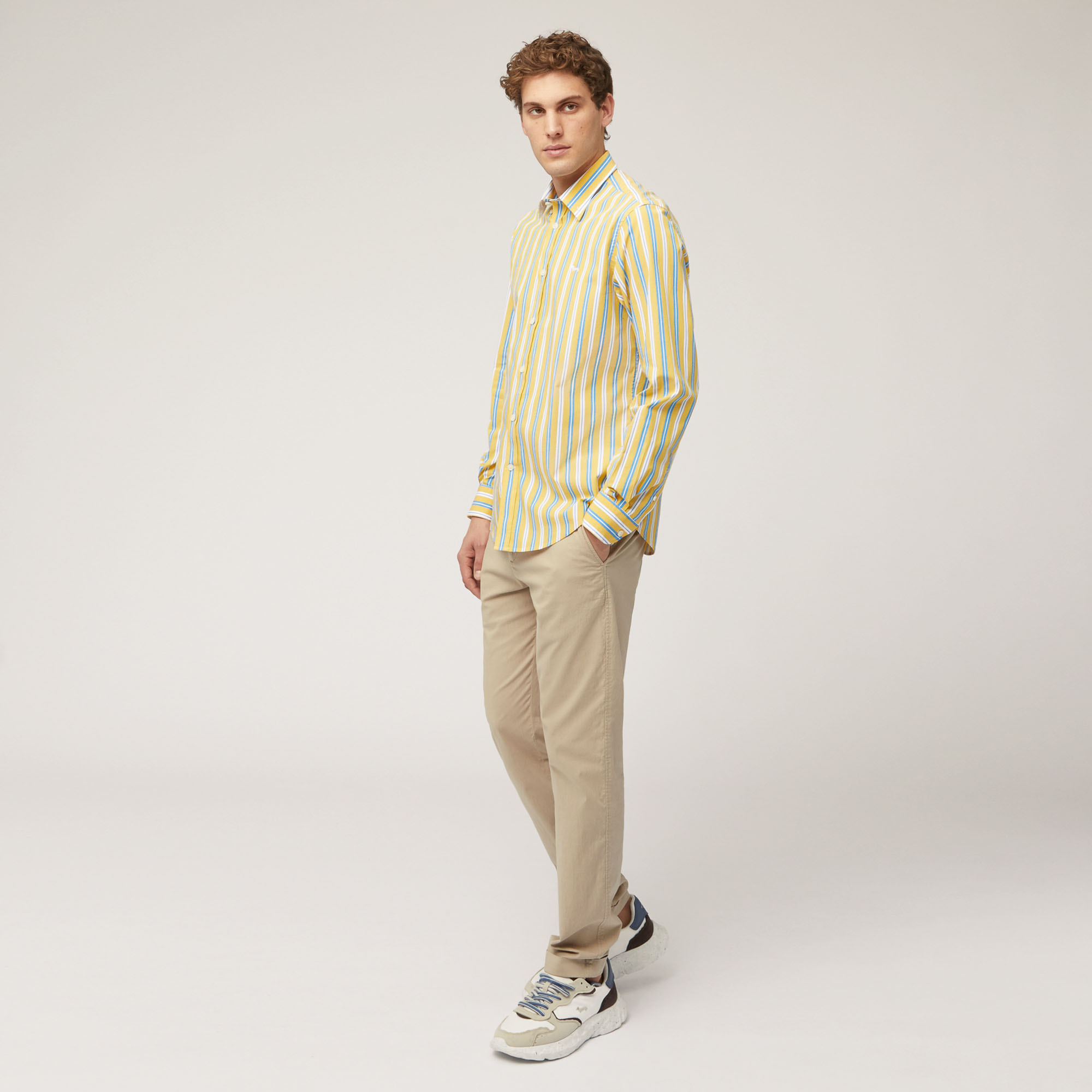 Stretch Cotton Shirt with Alternating Stripes, Gold, large image number 3