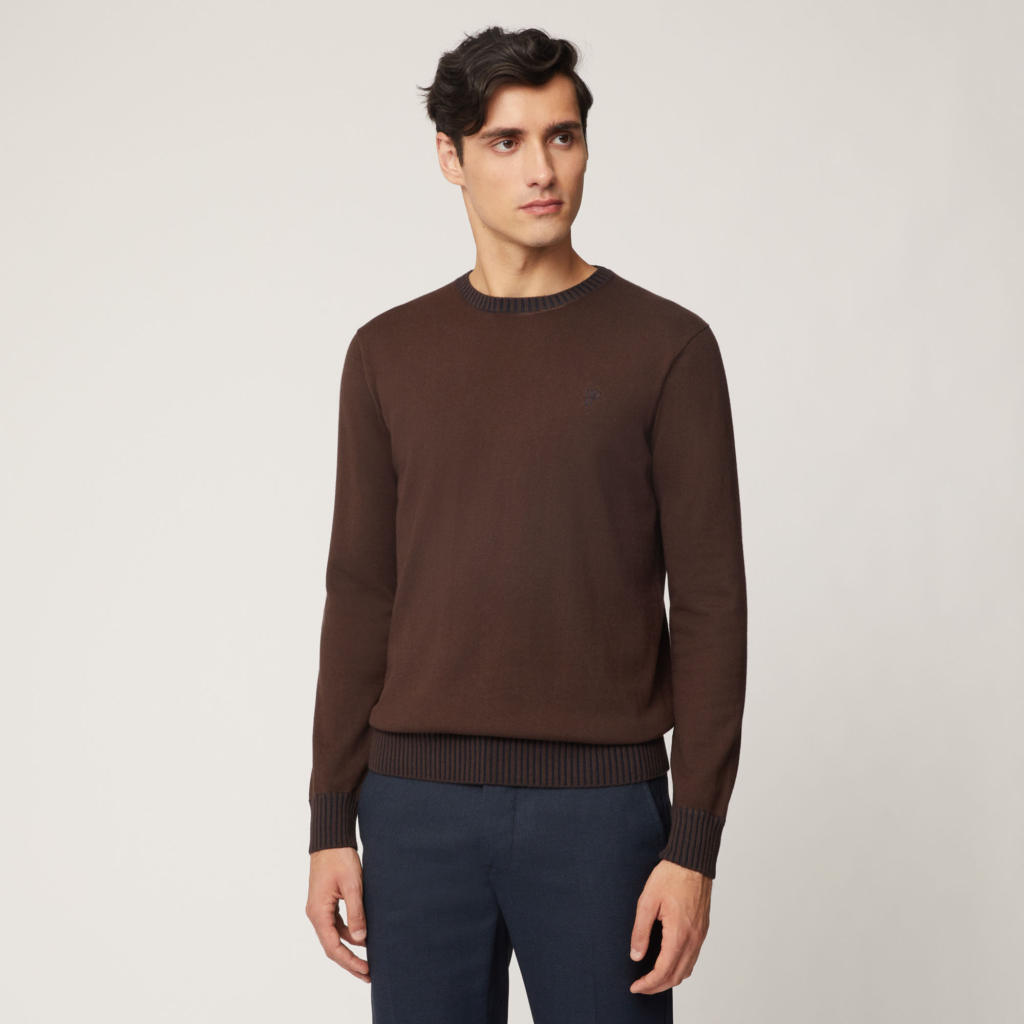 Pullover Girocollo In Cotone E Lana Con Dettagli A Costine, Marrone Scuro, large image number 0
