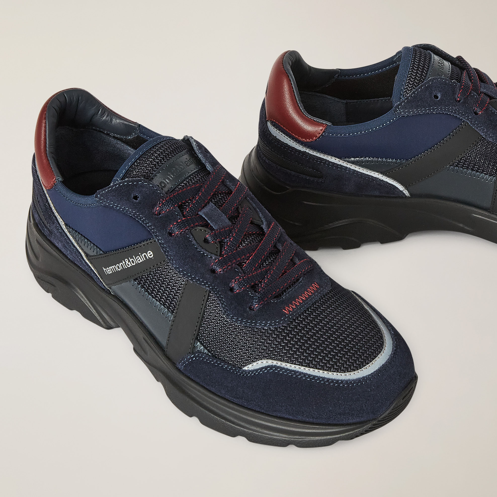 Sneaker Da Running In Pelle E Tessuto, Blu/Rosso, large image number 3
