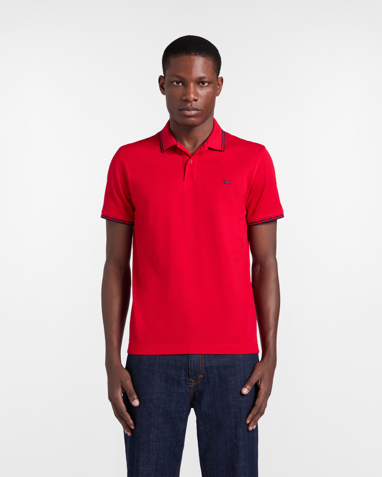 Polo de hombre con detalles de rayas en contraste, Rojo, large