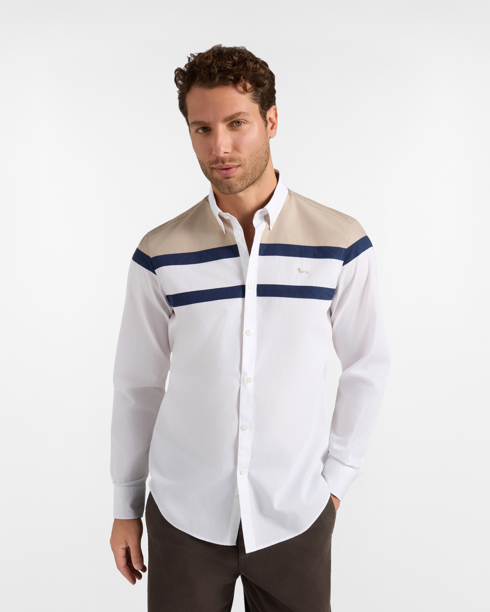 Men's regular-fit white peach poplin shirt with bands