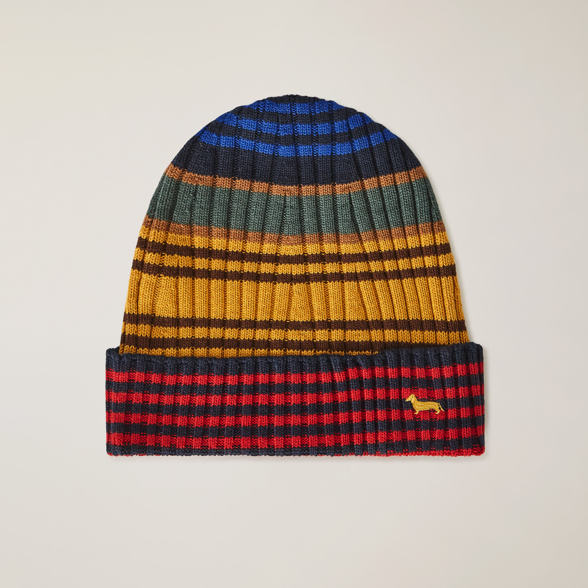 Ribbed Short Beanie With Multicolored Stripes, Blue, large image number 0
