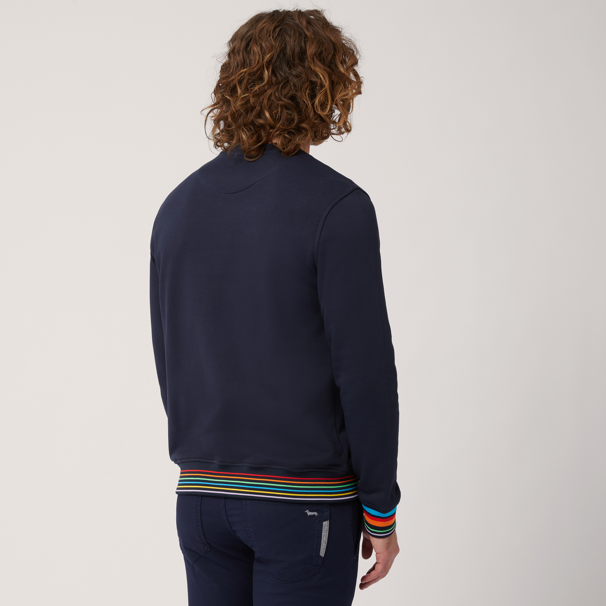 Crew Neck Cotton Pullover with Striped Details