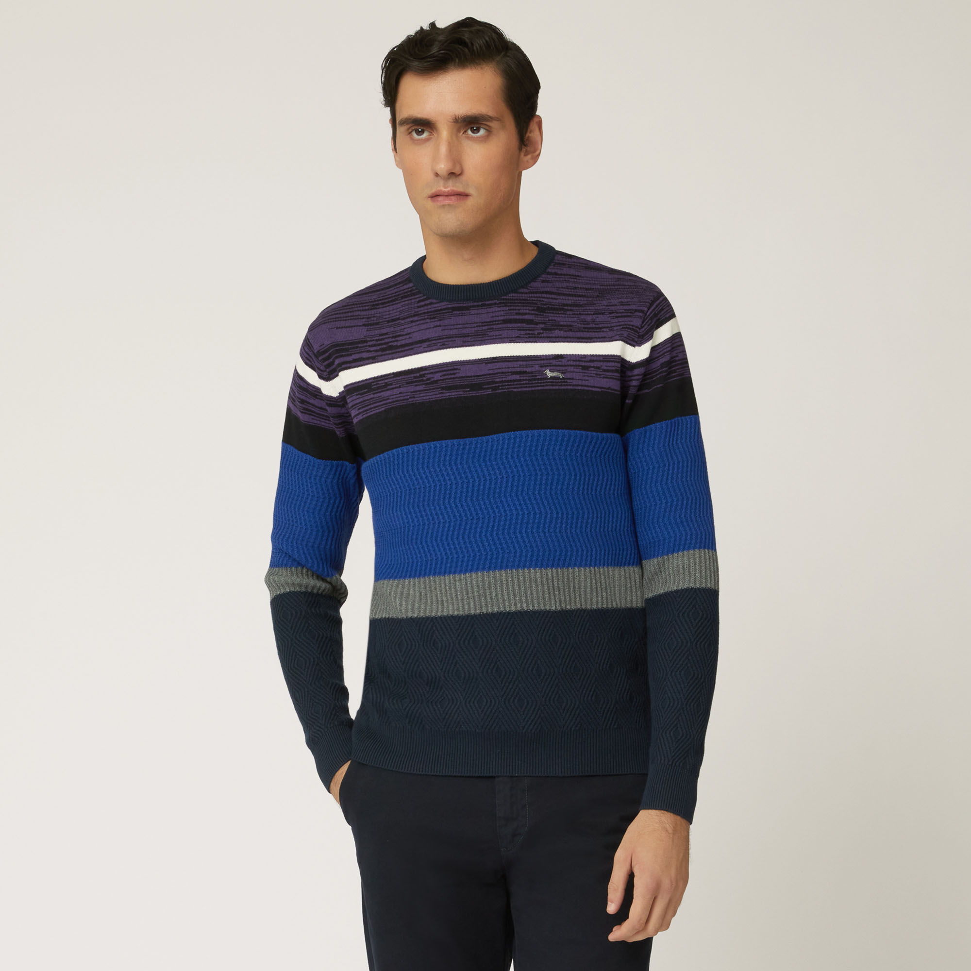 Pullover Girocollo In Lana E Cotone Con Bande Orizzontali, Blu Navy, large image number 0