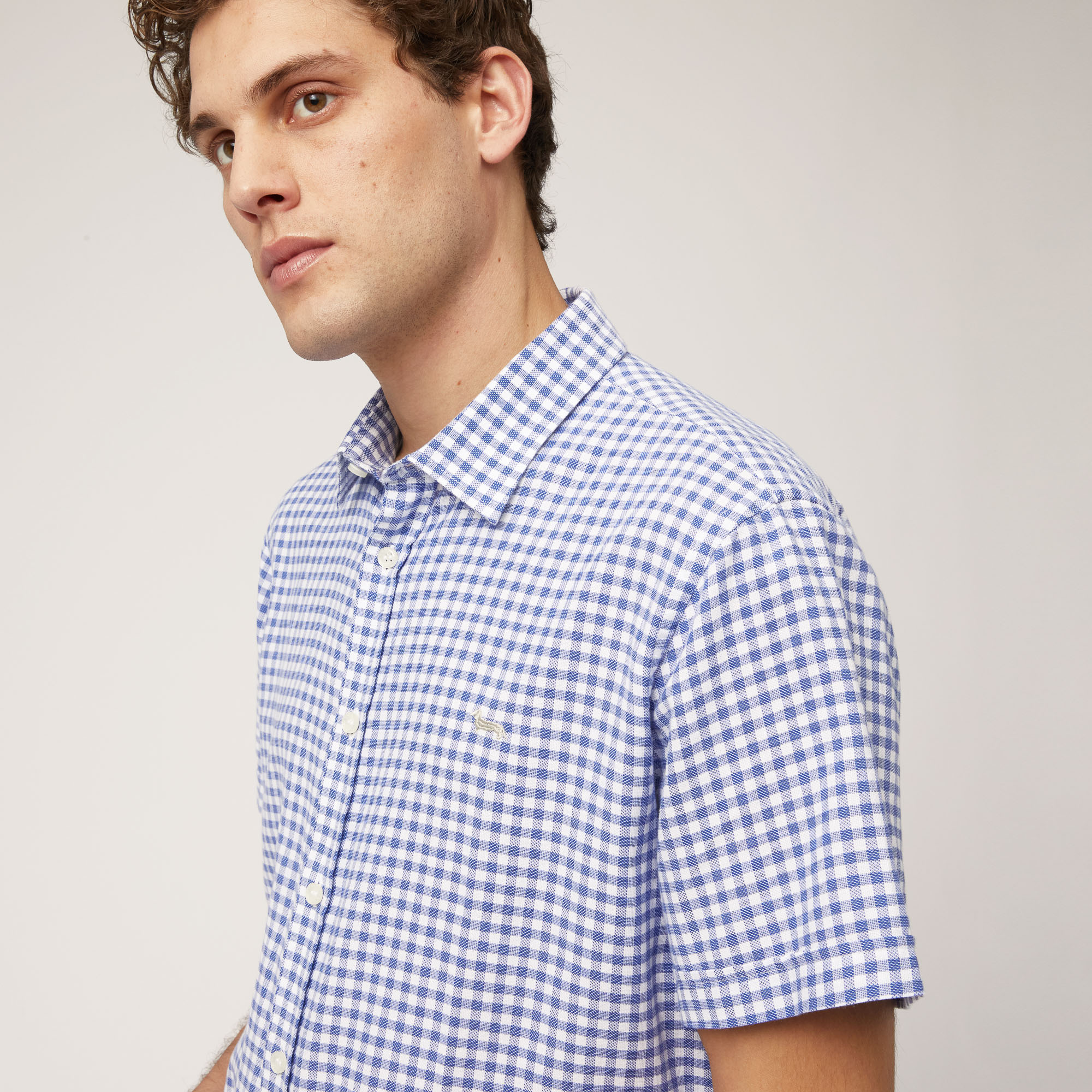 Checked Woven Cotton Short-Sleeved Shirt, Blue, large image number 2