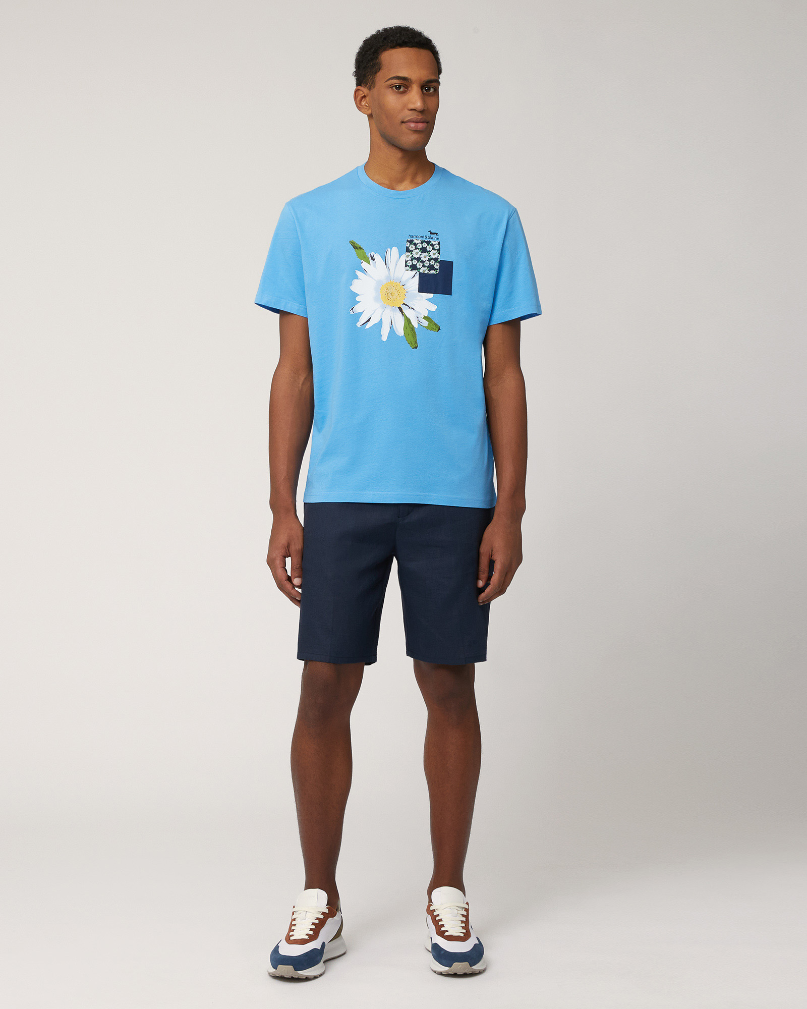 Linen Bermuda Shorts with Daisies, Navy Blue, large image number 3