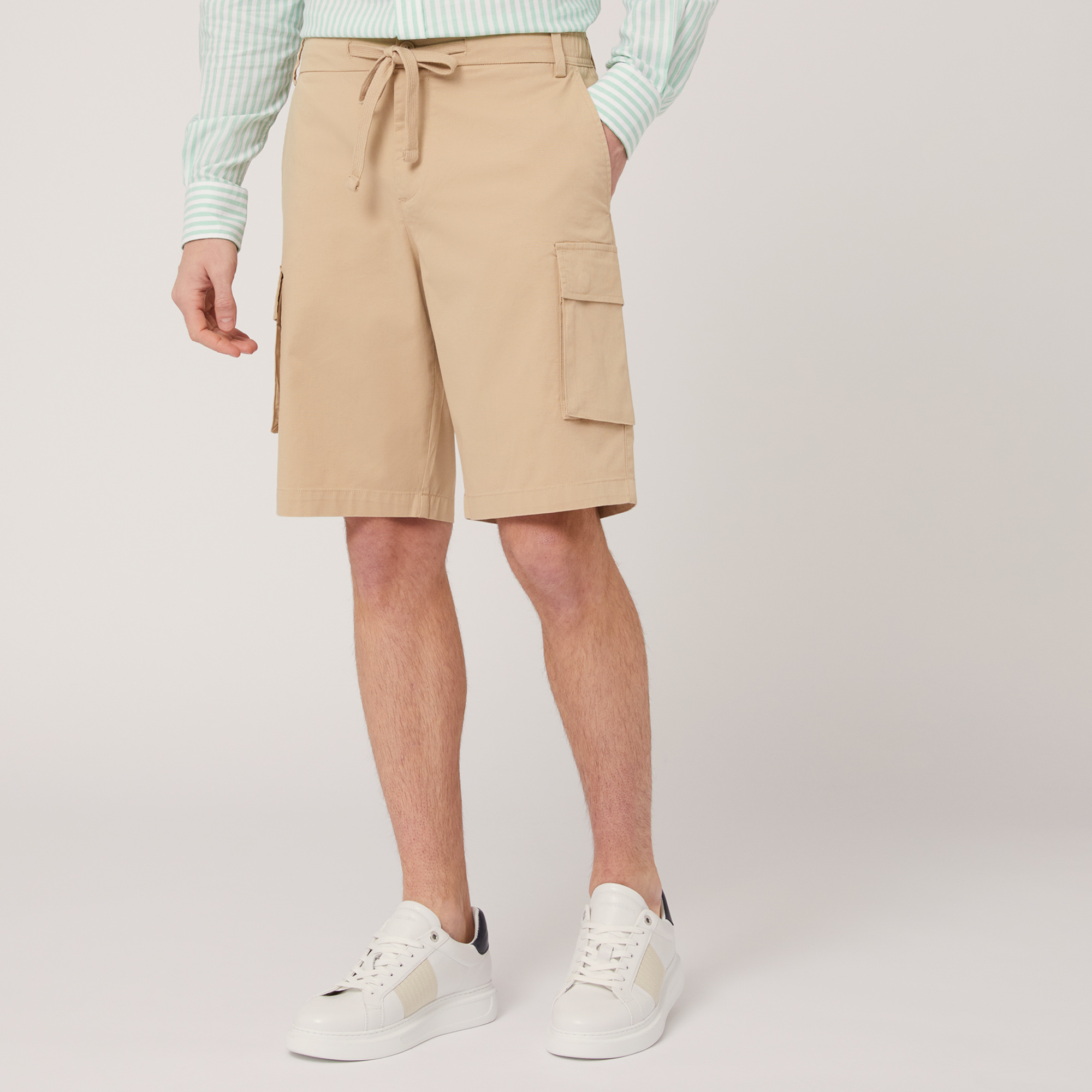 Stretch Cotton Cargo Bermuda Shorts, Beige, large