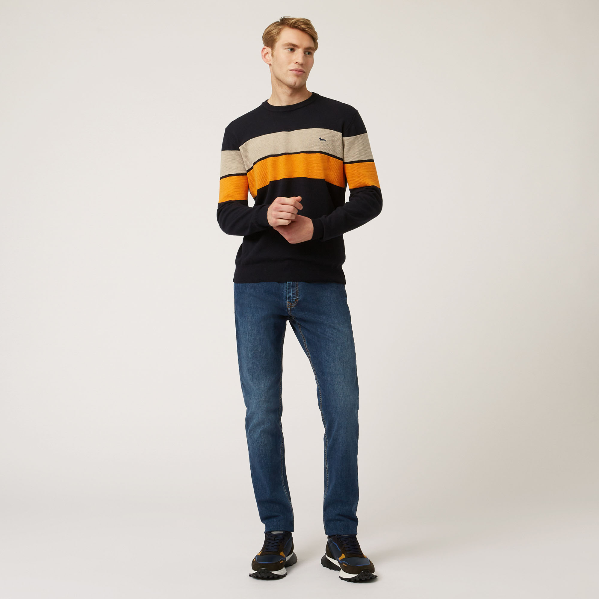 Crew-Neck Pullover With Color-Block Bands, Blue, large image number 3