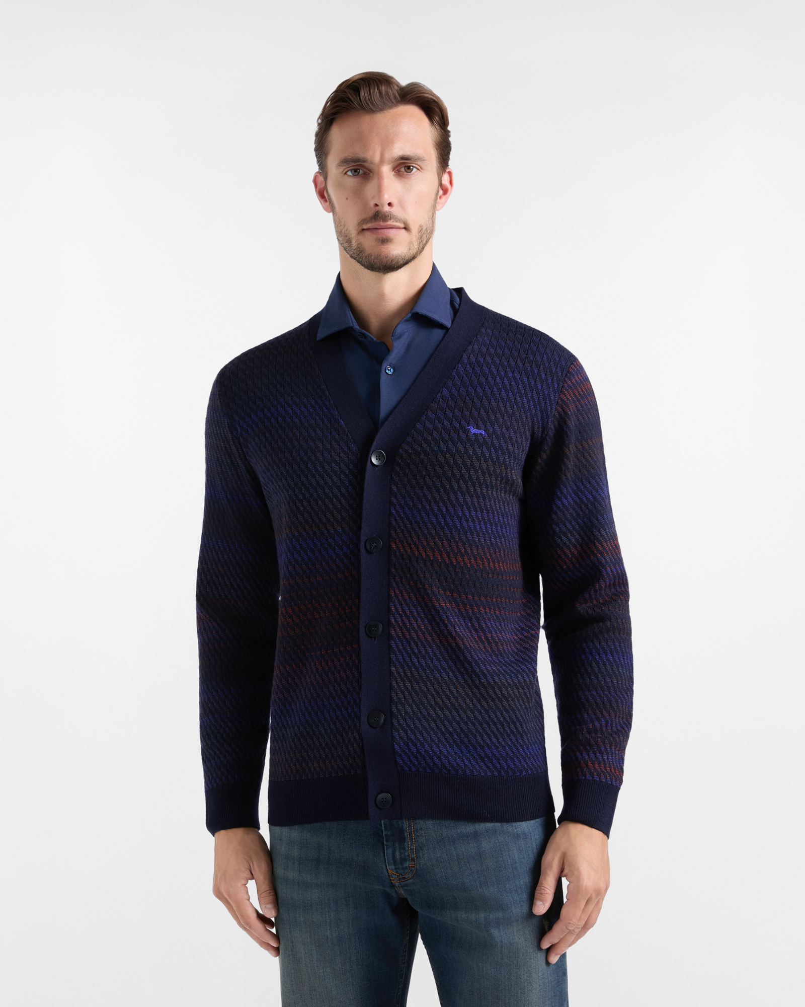Men's Made in Italy V-neck cardigan in blue 100% pure wool with regular fit