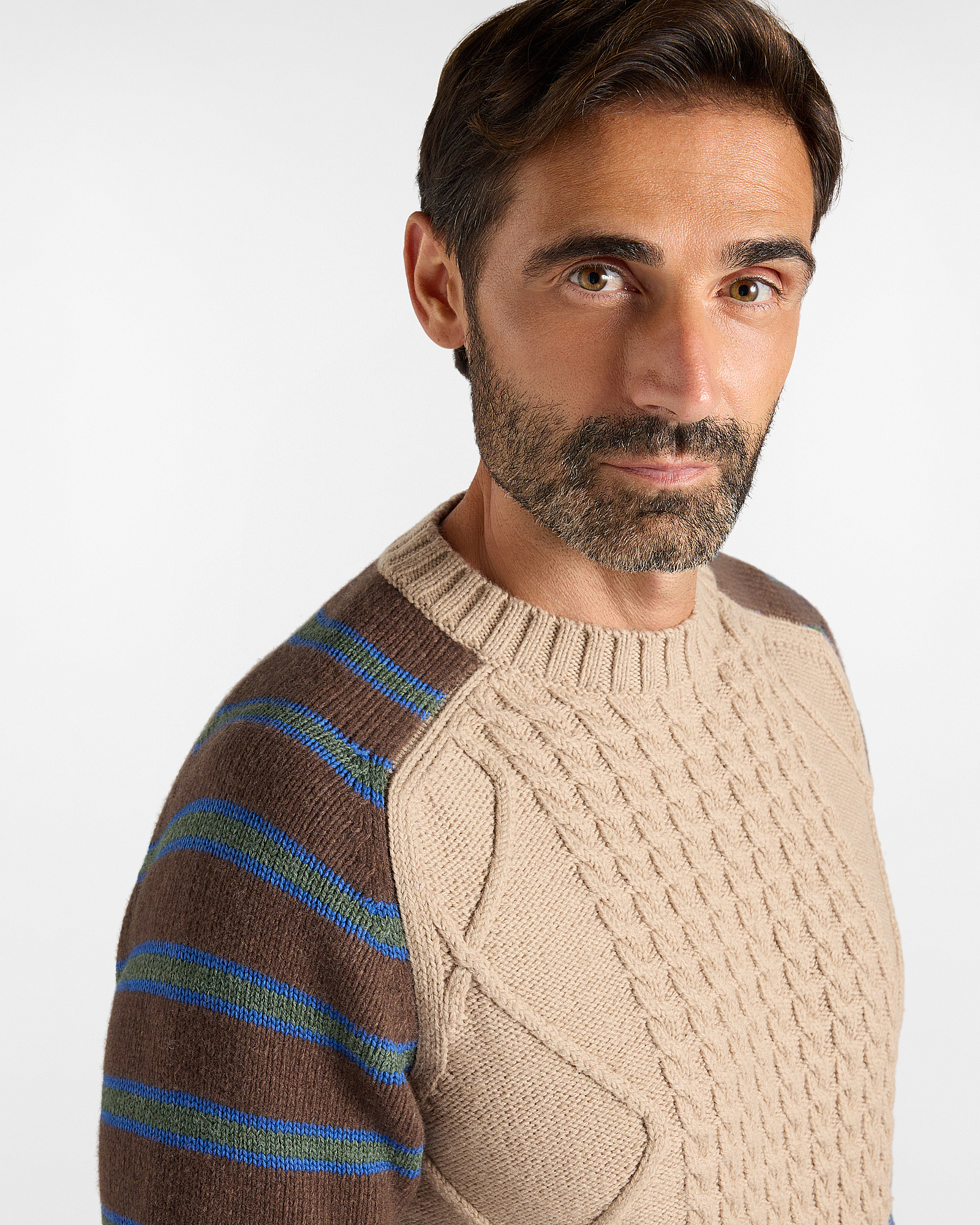 Men&rsquo;s jumper with hand-knitted cables and stripes in wool blend, Made in Italy, DARK BROWN, large