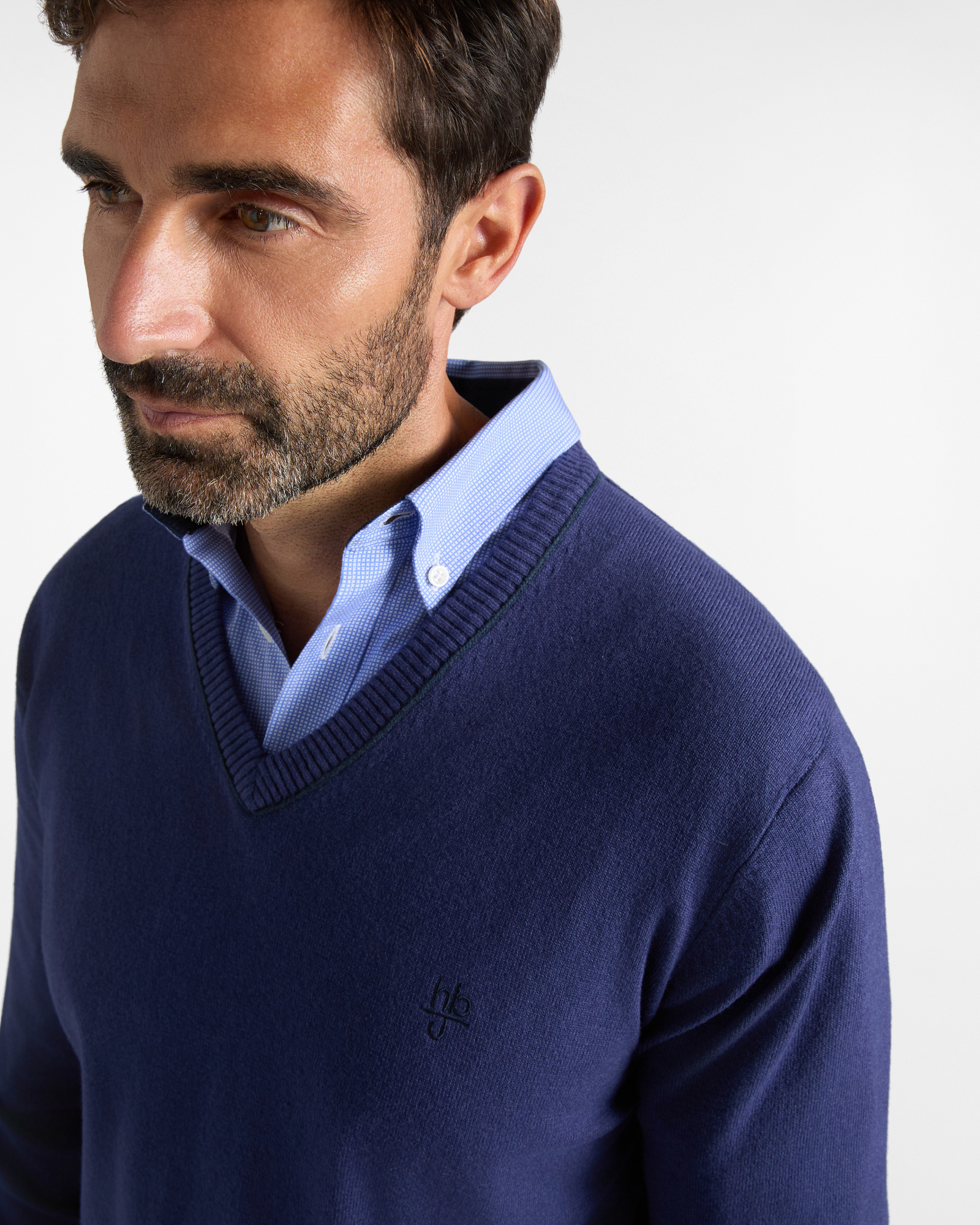 Maglia HBJ Uomo in Punto Cardato con Scollo a V in Misto Lana e Cashmere, BLU, large