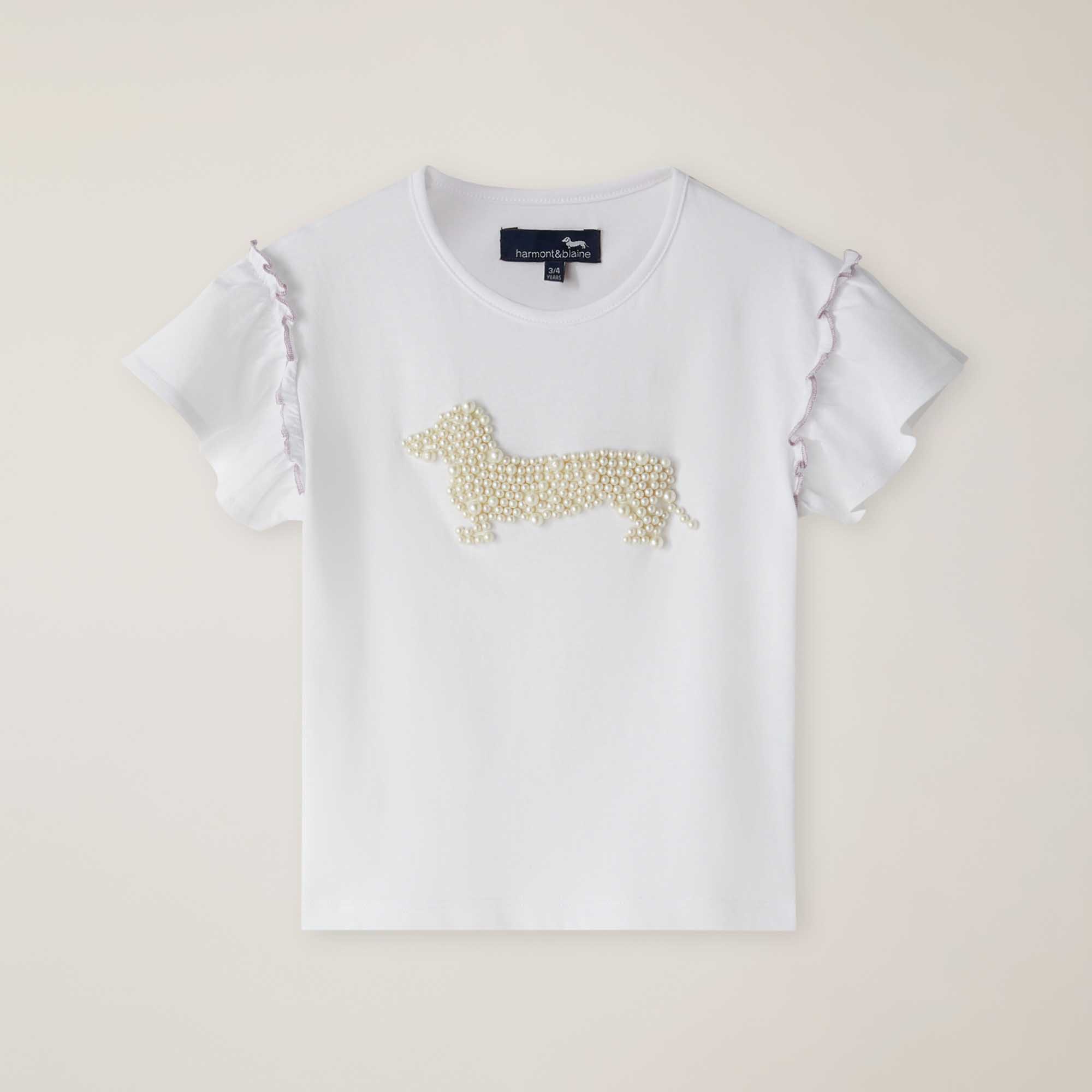 T-Shirt Maniche Volant E Applicazione Bassotto Perle, Bianco, large image number 0