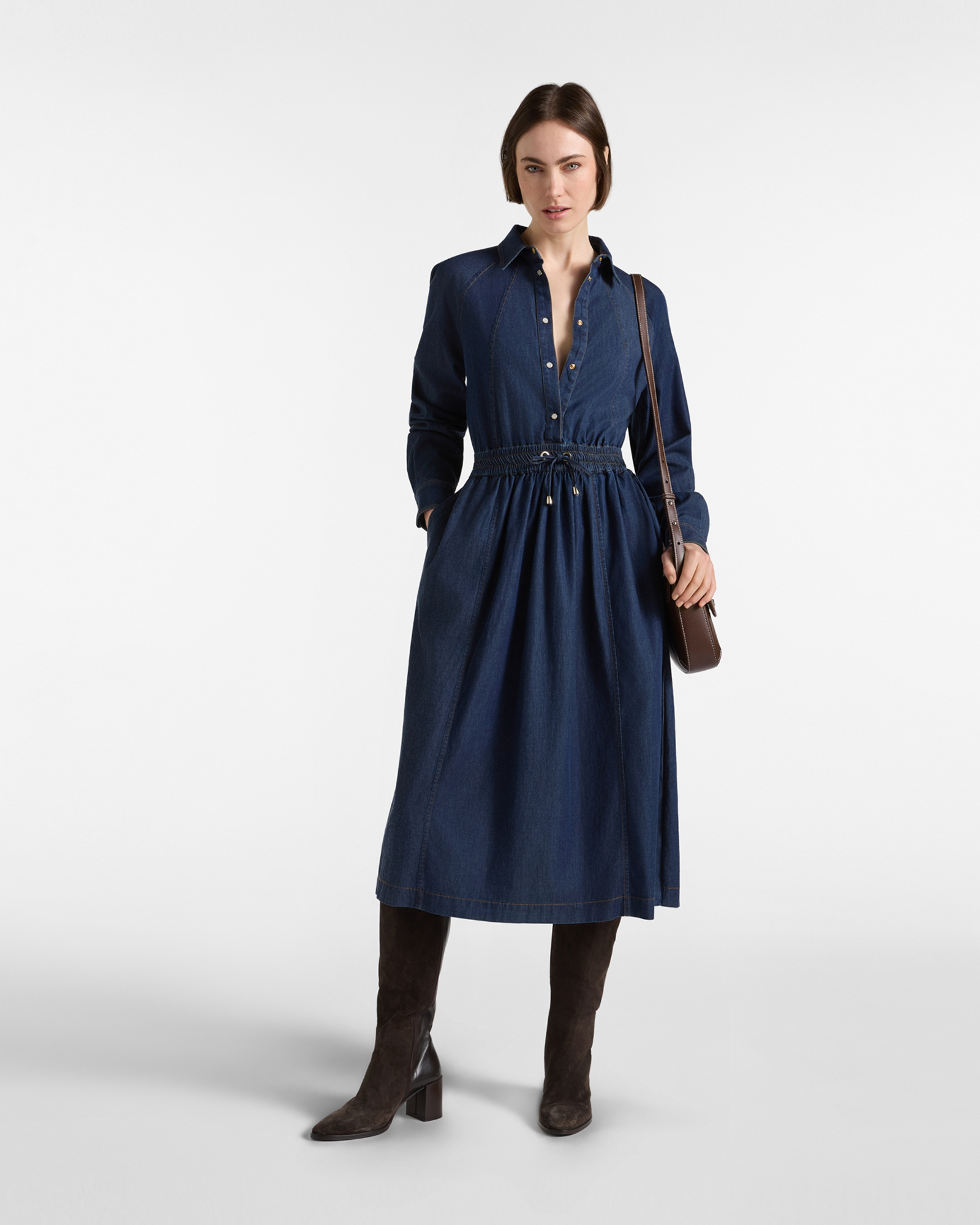 Women's Denim Blue Midi Shirt Dress with Elasticated Waist, DENIM BLUE, large image number 3